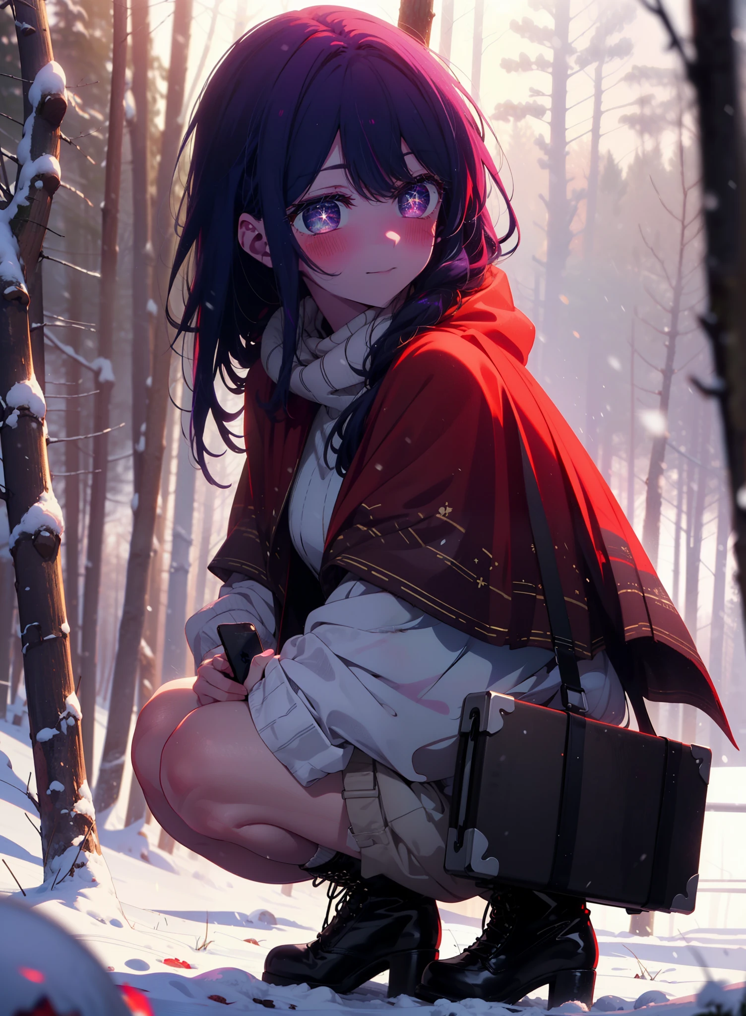 aihoshino, Ai Hoshino, Long Hair, bangs, (Purple eyes:1.1), Purple Hair, (Symbol-shaped pupil:1.5), smile,,smile,blush,white breath,
Open your mouth,snow,Ground bonfire, Outdoor, boots, snowing, From the side, wood, suitcase, Cape, Blurred, , forest, White handbag, nature, Squat, Mouth closed, Cape, winter, Written boundary depth, Black shoes, red Cape break looking at viewer, Upper Body, whole body, break Outdoor, forest, nature, break (masterpiece:1.2), Highest quality, High resolution, unity 8k wallpaper, (shape:0.8), (Beautiful and beautiful eyes:1.6), Highly detailed face, Perfect lighting, Extremely detailed CG, (Perfect hands, Perfect Anatomy),