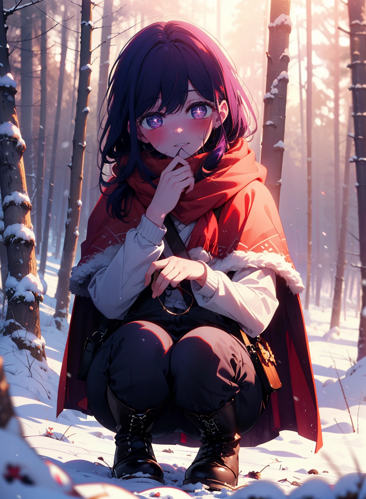 aihoshino, Ai Hoshino, Long Hair, bangs, (Purple eyes:1.1), Purple Hair, (Symbol-shaped pupil:1.5), smile,,smile,blush,white breath,
Open your mouth,snow,Ground bonfire, Outdoor, boots, snowing, From the side, wood, suitcase, Cape, Blurred, , forest, White handbag, nature, Squat, Mouth closed, Cape, winter, Written boundary depth, Black shoes, red Cape break looking at viewer, Upper Body, whole body, break Outdoor, forest, nature, break (masterpiece:1.2), Highest quality, High resolution, unity 8k wallpaper, (shape:0.8), (Beautiful and beautiful eyes:1.6), Highly detailed face, Perfect lighting, Extremely detailed CG, (Perfect hands, Perfect Anatomy),