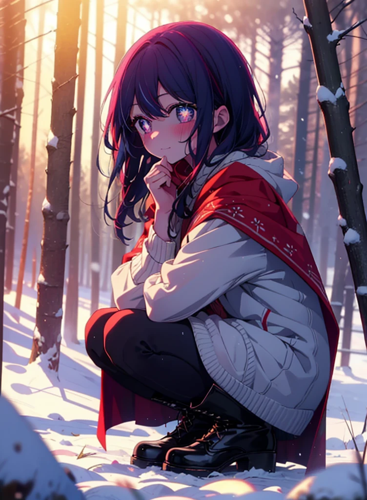 aihoshino, Ai Hoshino, Long Hair, bangs, (Purple eyes:1.1), Purple Hair, (Symbol-shaped pupil:1.5), smile,,smile,blush,white breath,
Open your mouth,snow,Ground bonfire, Outdoor, boots, snowing, From the side, wood, suitcase, Cape, Blurred, , forest, White handbag, nature, Squat, Mouth closed, Cape, winter, Written boundary depth, Black shoes, red Cape break looking at viewer, Upper Body, whole body, break Outdoor, forest, nature, break (masterpiece:1.2), Highest quality, High resolution, unity 8k wallpaper, (shape:0.8), (Beautiful and beautiful eyes:1.6), Highly detailed face, Perfect lighting, Extremely detailed CG, (Perfect hands, Perfect ???????),