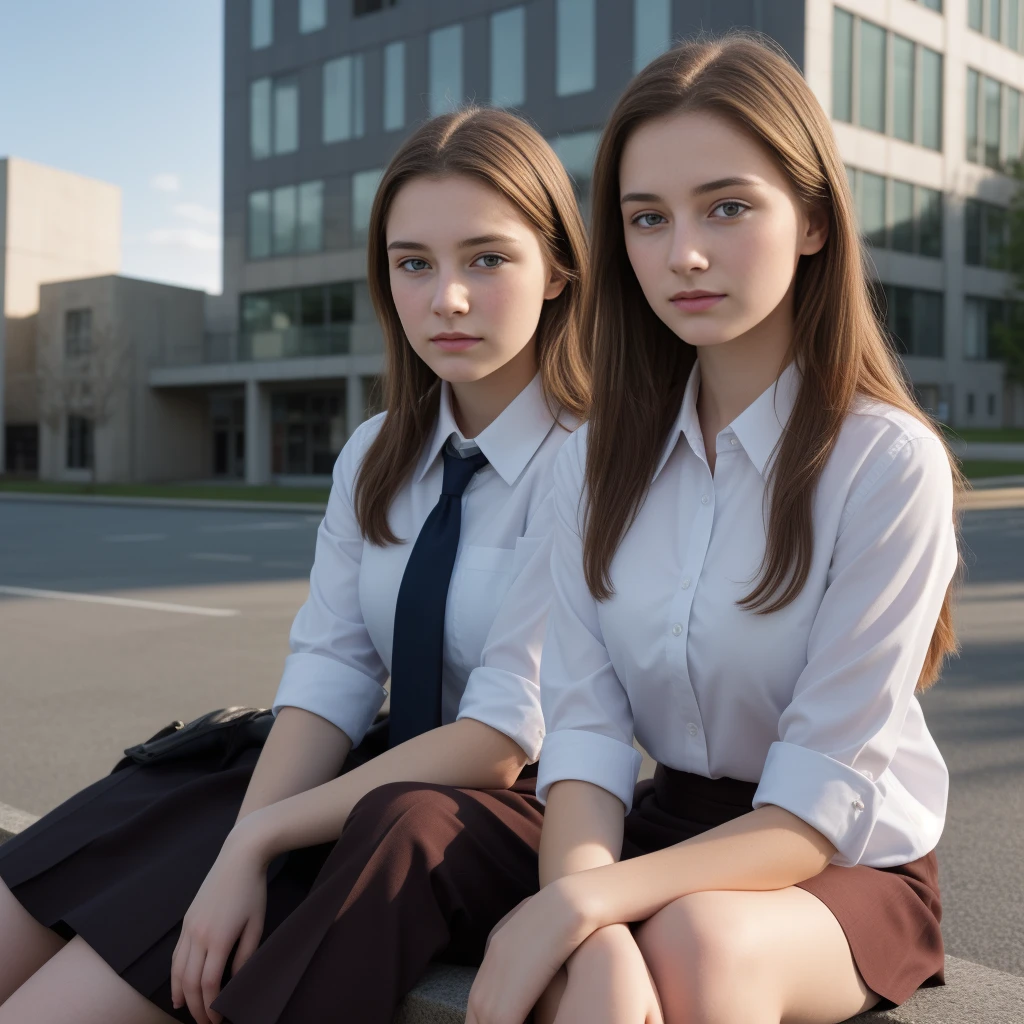 (((close up high definition))), two very calm beautiful teen aged pale school girls, wearing dark brown office shirt, sitting an an urban environment, Bright sky.