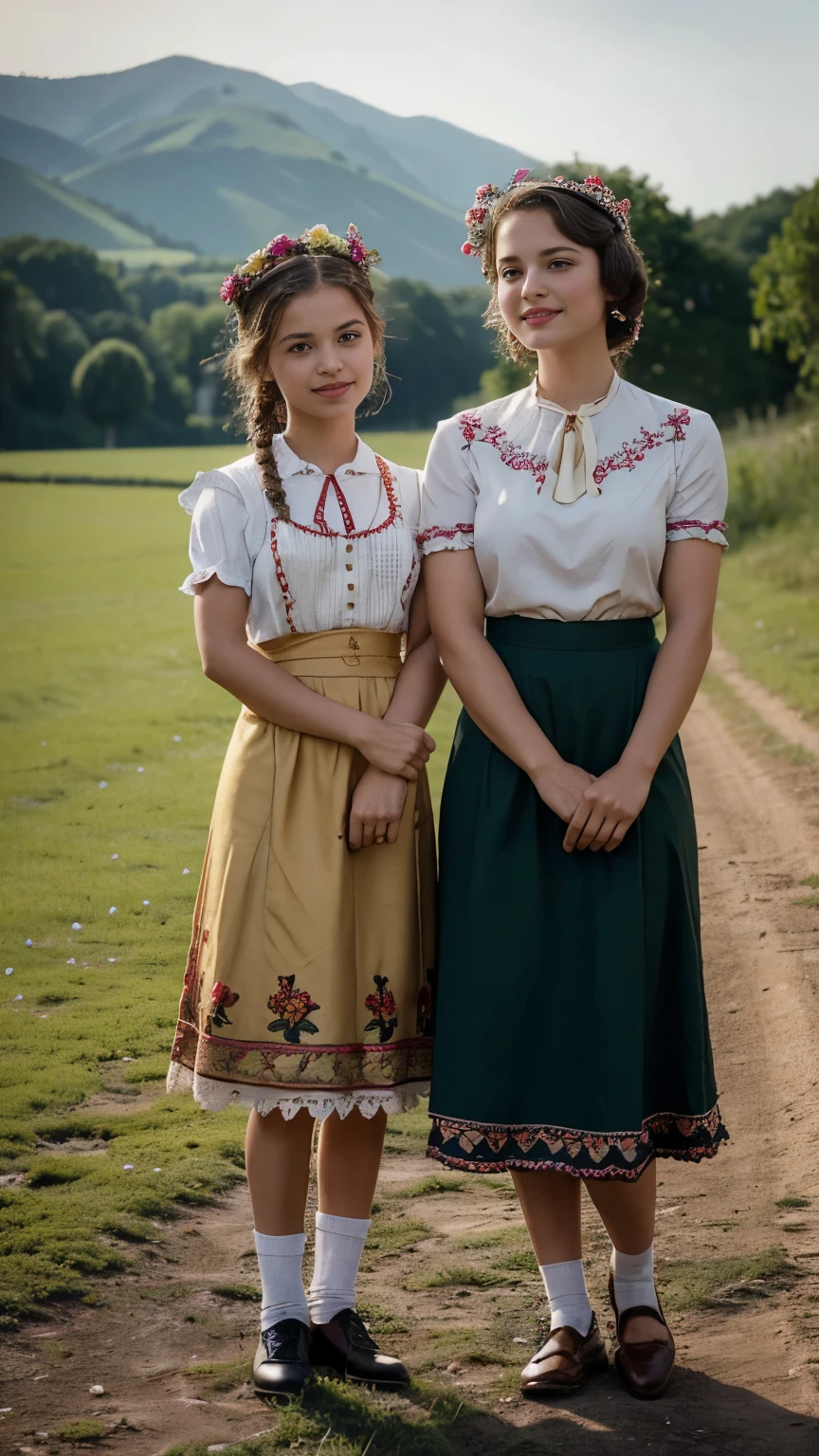 front view, stand on field, ((1 girl and her  with stand, on ground, her  is 6 years-old :1.3)) ,1945 years June, Europeans War is end ,   1 girl is 25 years-old, (brown hair ,double braid, flower crown, smile),  (slime body, traditional German costumes from the 1930s) (The women are wearing  embroidered Dirndls, which include a close-fitting bodice with a low neckline, a blouse worn under the bodice), (Black wide high-waisted knit skirt, An ankle-length skirt ), (White apron, flower arrange embroidered apron), traditional shoes,  The setting is a rural village during a festival, with people engaging in traditional activities and celebrating their heritage , textured skin , (HI detailed skin, (foreshortening, Canon, 8K, anatomically correct, super detail, high details, highness))