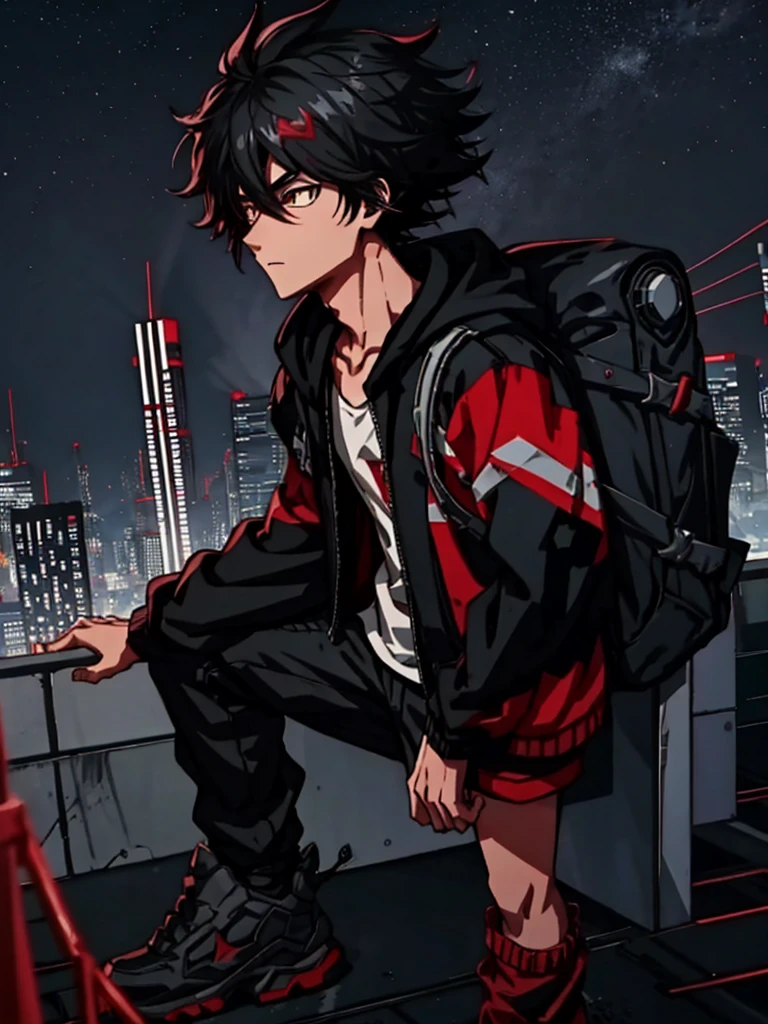 1teenage boy, black hair(messy hair), black and red strike hoodie, backpack, on the rooftop, looking at sky(clear sky), retro anime style