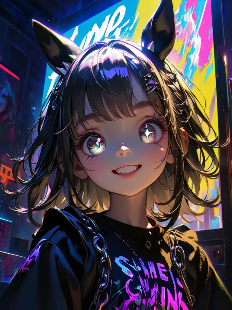 1 girl, Chromatic Aberration, written border depth, Soft Light, masterpiece, best quality, complicated, Tone mapping, Very detailed, art station, concept art, Smooth, Clear focus, dramatic lighting, Very detailed artwork, Movie, super actual painting, art station's trending, 8k, incredible shadow, actual, (Very detailed background:1.0), whole body, view, viewers, Very detailed portrait of one girl 1, Standing on the corner, Heavy rain and lightning、Gloomy sky, neon and cyber Punk background, she is dressed in Punk clothing with silver chains and silver spikes, Her hair is dyed light brown.......,The middle part is black, Delicate black eyes and clear pupils, Ominous light, Smile, Punk, ciber Punk, Backlight.、,Approach the horse、horse woman.グラウンドを走るwhole body.The costume is cute.charming