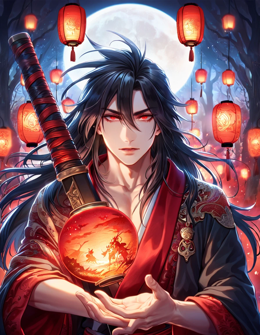 absurdres, highres, ultra detailed, HDR, master piece, best quality, extremely detailed face, delicated features, Xue Yu, untamed spiky hair, black hair, long hair, hair between the eyes, expressive red eyes, Thousand Years War, solo, sexy man, holding a sword in his right hand, handsome, toned chest, black haori, red fantasy robes, moon, red water blood, fantasy, magic, envy magical, forest, red dust, red lanterns, red floating round lights