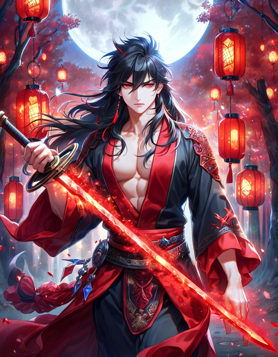 absurdres, highres, ultra detailed, HDR, master piece, best quality, extremely detailed face, delicated features, Xue Yu, untamed spiky hair, black hair, long hair, hair between the eyes, expressive red eyes, Thousand Years War, solo, sexy man, holding a sword in his right hand, handsome, toned chest, black haori, red fantasy robes, moon, red water blood, fantasy, magic, envy magical, forest, red dust, red lanterns, red floating round lights