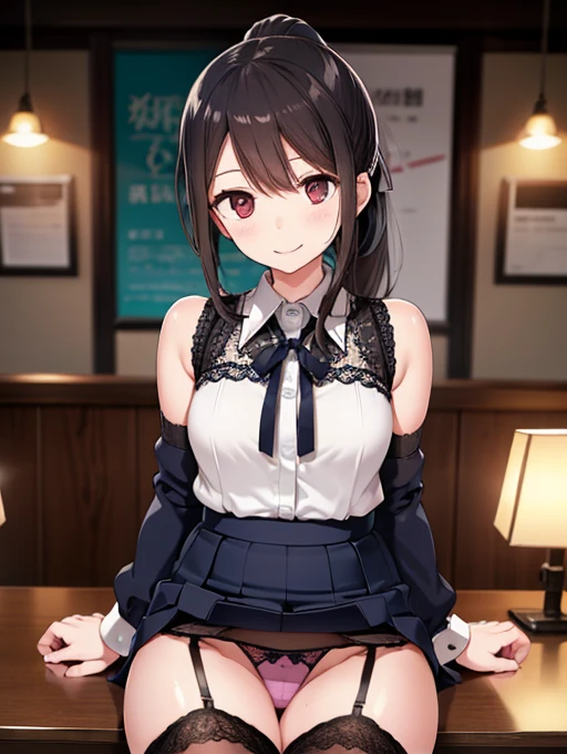 Tabletop, Highest quality, 8k, office lady、ponytail、ribbon、Navy Recruit Suit、Tight mini skirt、Award-winning portraits,  alone,  Digital single-lens reflex camera, Looking at the audience, Thin arms, whole body、Smile、Professional Lighting ,{Sitting in front of the station},((Lace panties、Garter Straps、garter belt、Garter Stockings))