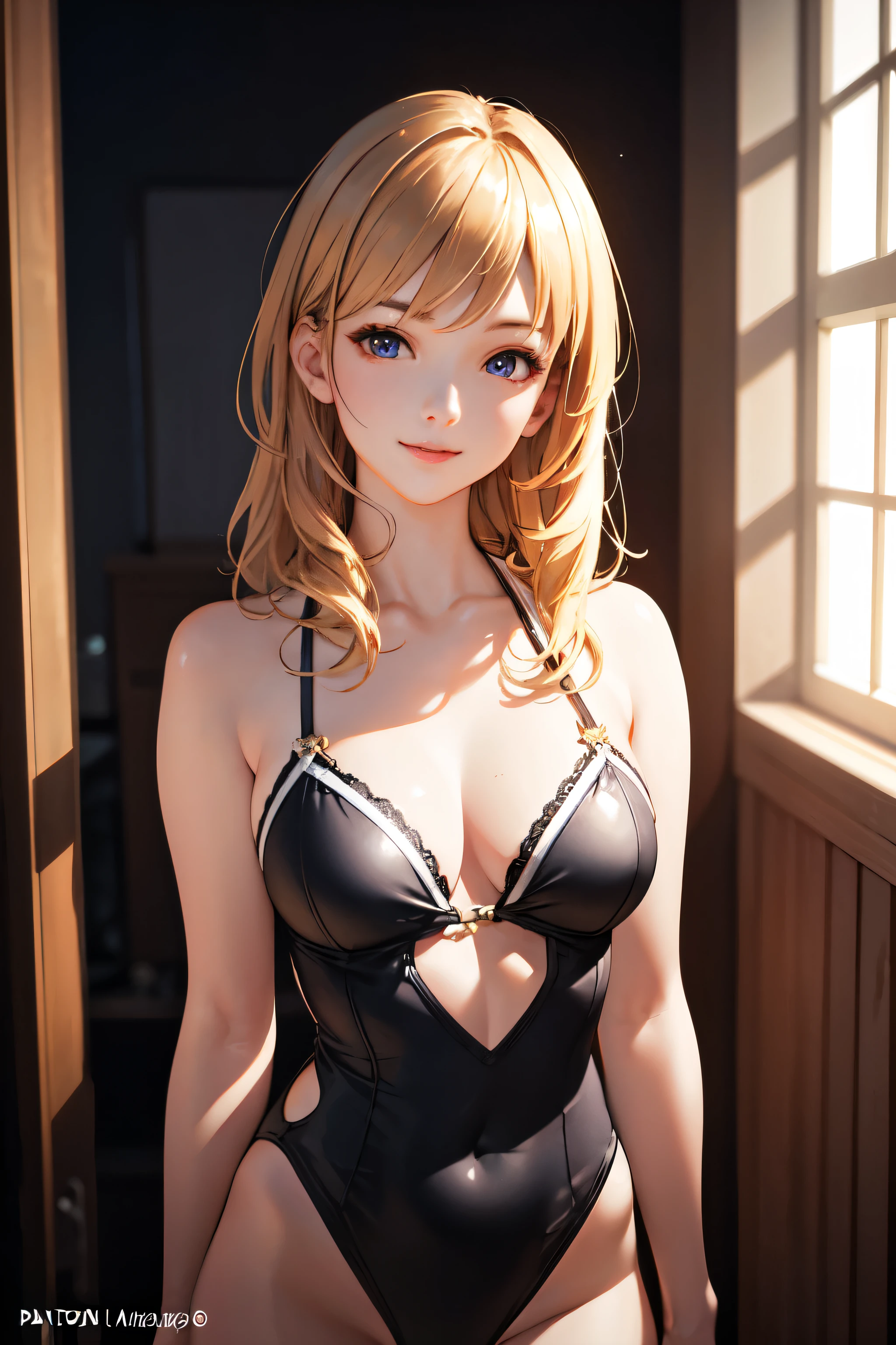 最high quality、masterpiece、超High resolution、(Photorealistic:1.4)、Highly detailed CG Unity 8k wallpaper、Detailed and complex、original、High resolution、Raw photo、(Perfect figure)、Detailed and complex,、Soft Lighting、high quality、high school girl,Lewd,Swimwear,smile,Blonde