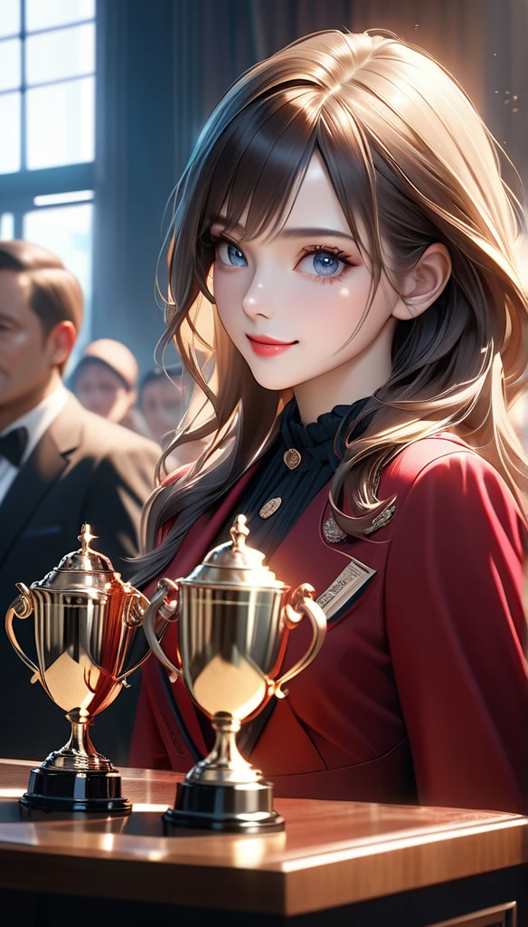 a woman receiving an award, daily challenges, excellent work, intricate details, cinematic lighting, dramatic atmosphere, vibrant colors, photorealistic, (best quality,4k,8k,highres,masterpiece:1.2),ultra-detailed,(realistic,photorealistic,photo-realistic:1.37),beautiful detailed eyes,beautiful detailed lips,extremely detailed eyes and face,longeyelashes,1girl,dramatic portrait,dramatic lighting,cinematic,award ceremony,trophy,smiling expression,proud expression,elegant dress,formal attire,professional setting,office interior
