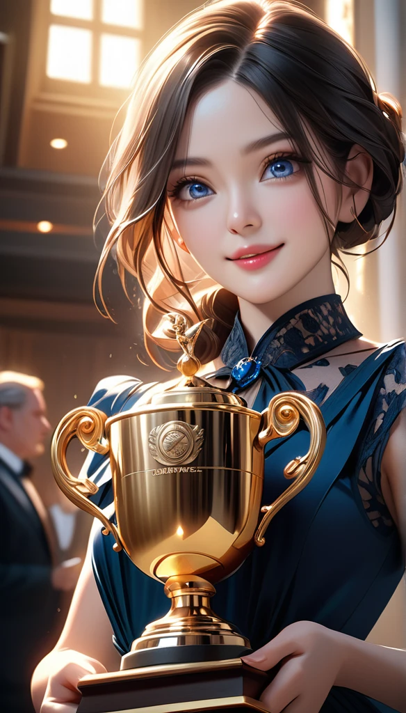 a woman receiving an award, daily challenges, excellent work, intricate details, cinematic lighting, dramatic atmosphere, vibrant colors, photorealistic, (best quality,4k,8k,highres,masterpiece:1.2),ultra-detailed,(realistic,photorealistic,photo-realistic:1.37),beautiful detailed eyes,beautiful detailed lips,extremely detailed eyes and face,longeyelashes,1girl,dramatic portrait,dramatic lighting,cinematic,award ceremony,trophy,smiling expression,proud expression,elegant dress,formal attire,professional setting,office interior