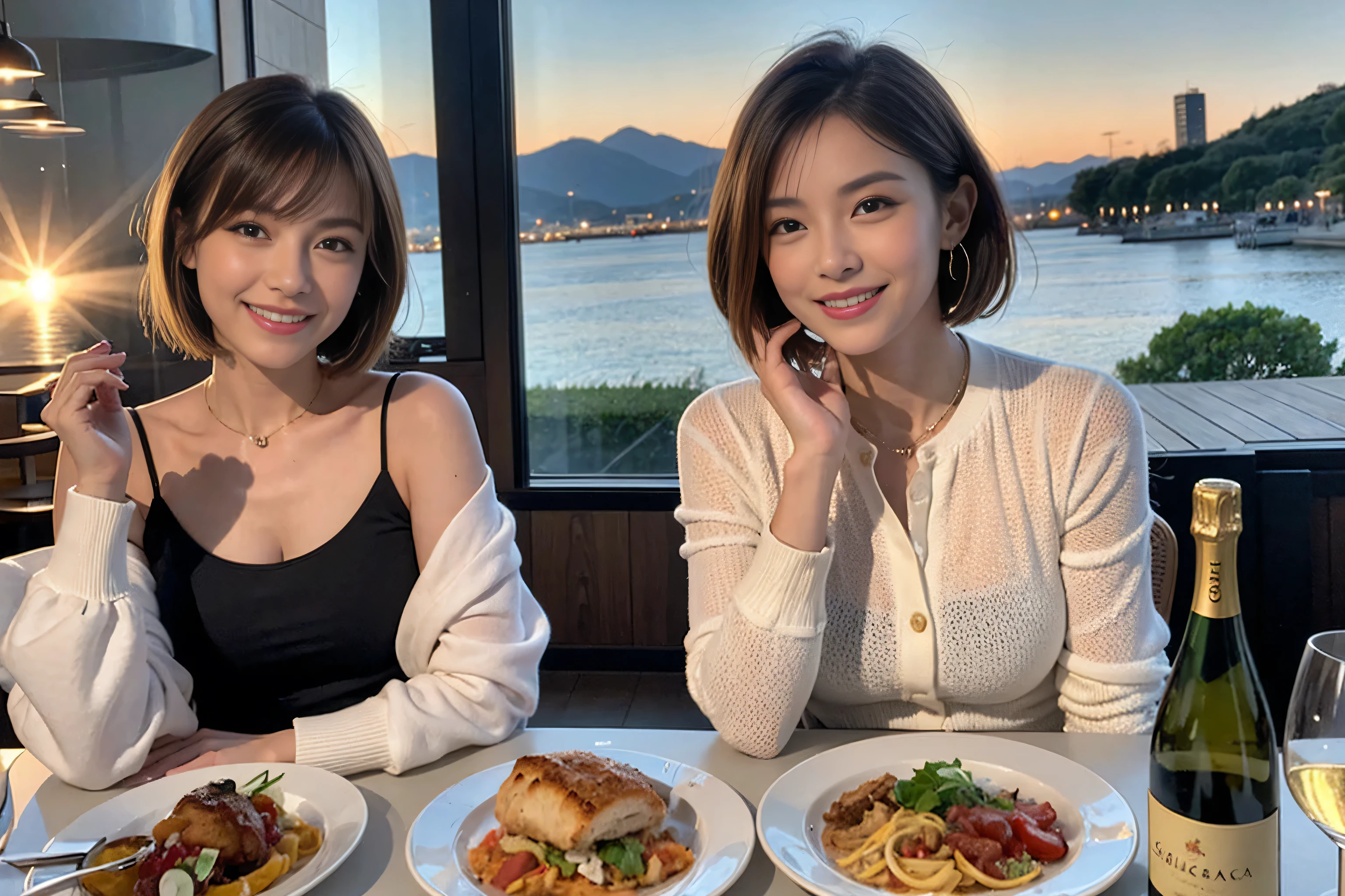 （Realistic:1.1）,(masterpiece,Highest quality)，8k,(49 years old), 50 years old, ベリーslimボディ、slimカップル、Tight waist,Upper Body,full-course dinner、wine 、Amazing view of the sunset sky and clouds、Perfect Anatomy, Brown Hair, short hair,Random Hairstyles,((Highly detailed face and eyes:1.2))，Perfect golden ratio face，Long sleeve shirt、dress,(smile:1.2)、Shortcuts、cute、(Realistic, Intricate details:1.2), A bright smile、short hair,Bright Face、赤wine 、Appetizers、Italian food、wine bottle、Champagne、スパークリングwine、(slimな顔), (The body is slim), (Brown Hair), (Shortcuts),  Upper Body, 白wine, slim, wineグラス, 