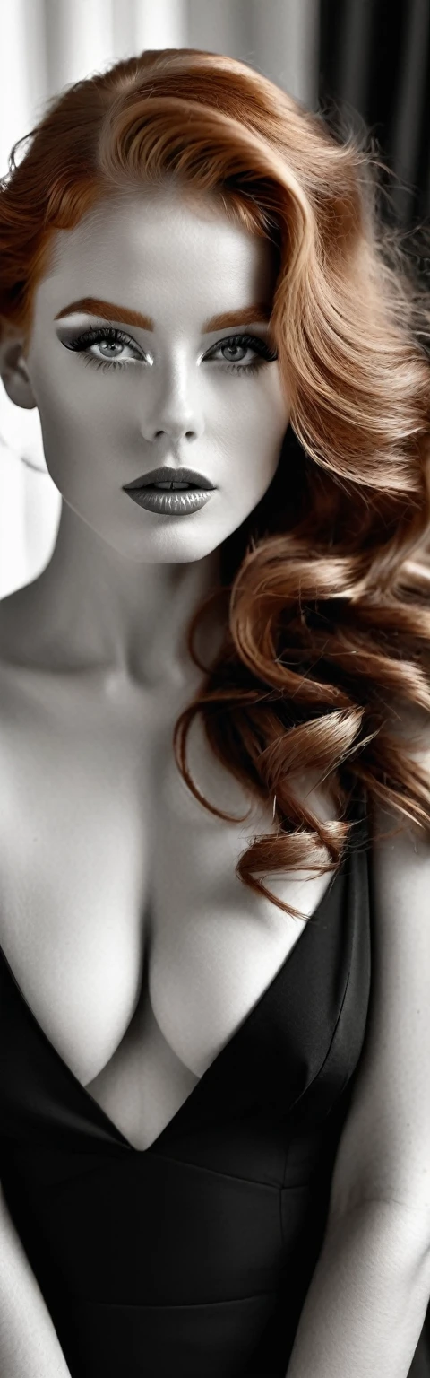 (Photo noir et blanc et roux), Sublime femme rousse sensuelle, lèvres détaillées, yeux détaillés, cil détaillé, Visage détaillé, long cheveux roux ondulés descendant jusqu'aux cuisses, visage de séduction, ((maquillage sublime)), photo du milieu du corps, ((porte une sublime robe tailleur au décolleté profond)),(( porte une grande paire de lunette à fine monture, photo noir et Blanc et roux, only Black and white and redhead photo)), (((photo noir et Blanc et roux : 2.0, only Black and white and ginger photo :2.0, vert uniquement sur l’iris et les lèvres, le maquillage et les cheveux, B/W, B&W)))