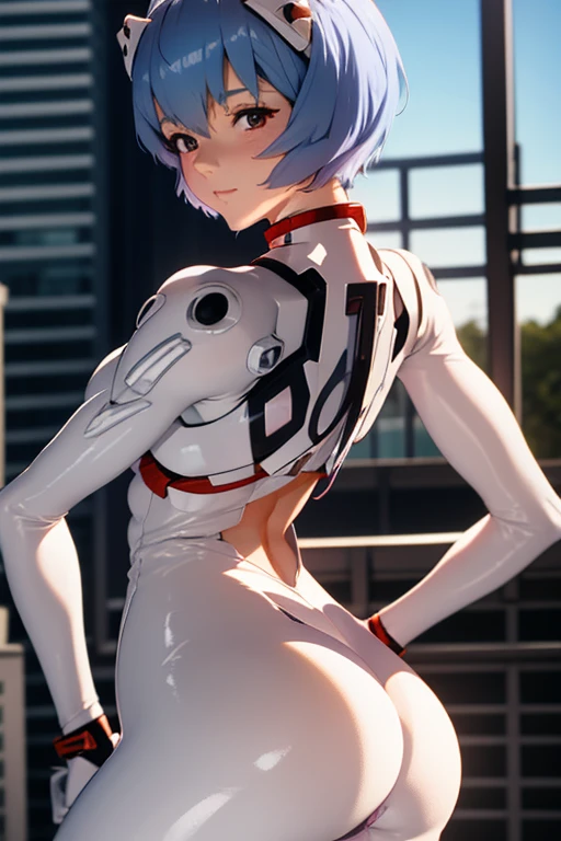 Rei Ayanami, from evangelion, in her tight underwear showing her huge ass to the viewer.