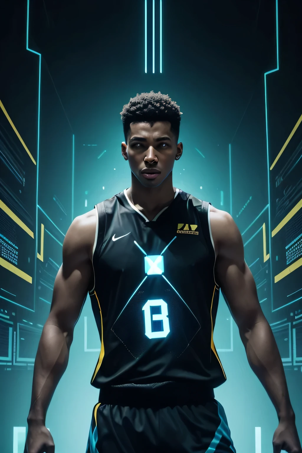 Male playing basketball immersed in a Matrix-like digital environment, featuring cascading binary codes and yellow and cyan glitch effects, strong contrast between light and dark