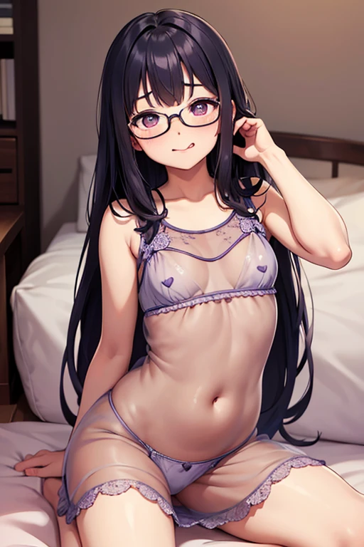 Pretty  with glasses, plump thighs, sitting on the floor, blushing, bare abdomen and completely flat abdomen, heart-shaped pupils, satisfied face with tongue out, small breasts, hair of different sizes and styles, transparent nightgown completely attached to the body, open pores, small underwear 