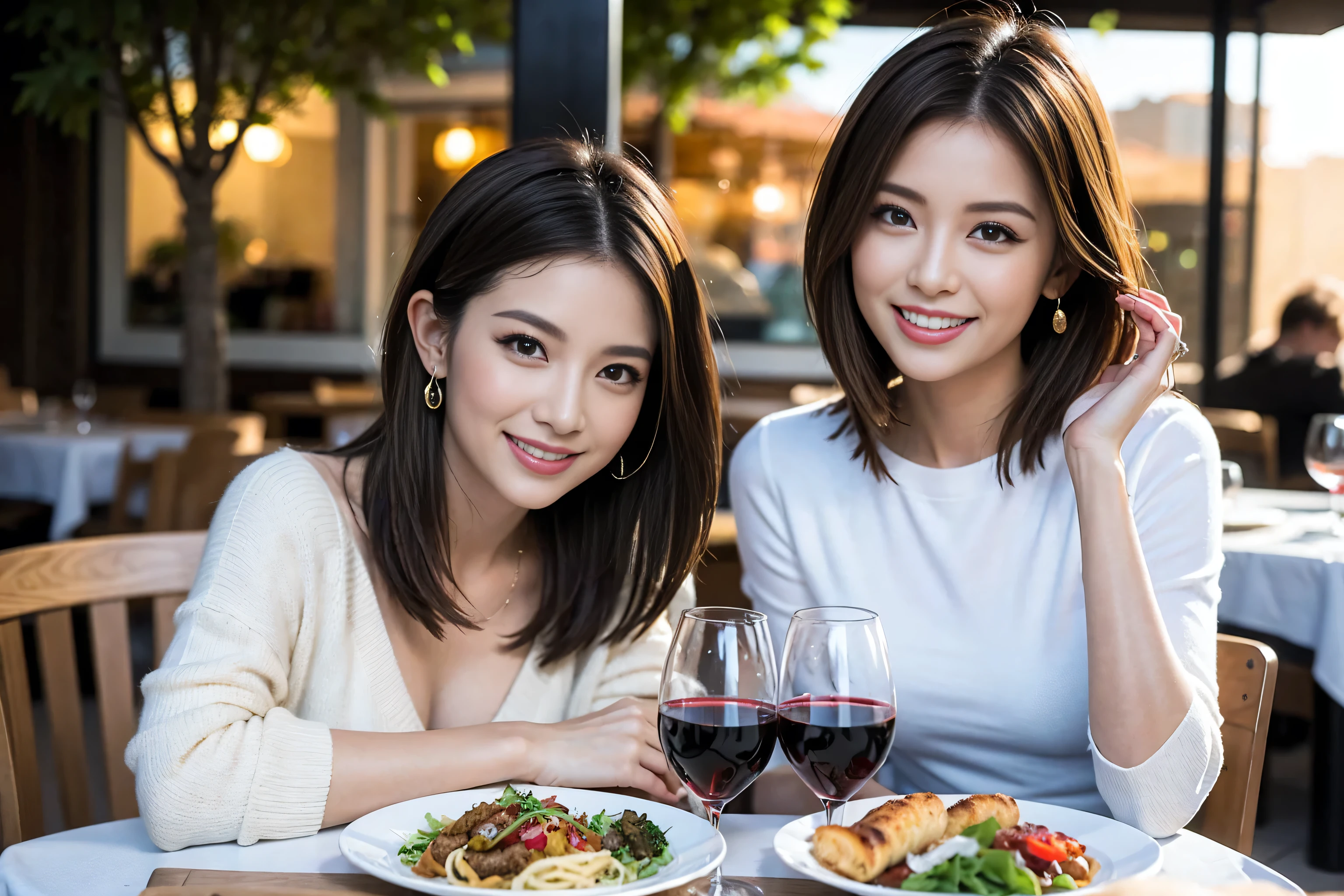 (Realistic:1.1),(masterpiece,Highest quality),8k,(49 years old), 53 years old, ベリーslimボディ、slimカップル、Tight waist,Upper Body,full-course dinner、wine 、Amazing view of the sunset sky and clouds、Perfect Anatomy, Brown Hair, short hair,Random Hairstyles,((Highly detailed face and eyes:1.2)),Perfect golden ratio face,Long sleeve shirt、dress,(smile:1.hortcuts、cute、(Realistic, Intricate details:1.2), A bright smile、short hair,Bright Face、赤wine 、Appetizers、Italian food、wine bottle、Champagne、スパークリングwine、(slimな顔), (The body is slim), (Brown Hair), (Shortcuts), Upper Body, 白wine, slim, wineグラス,