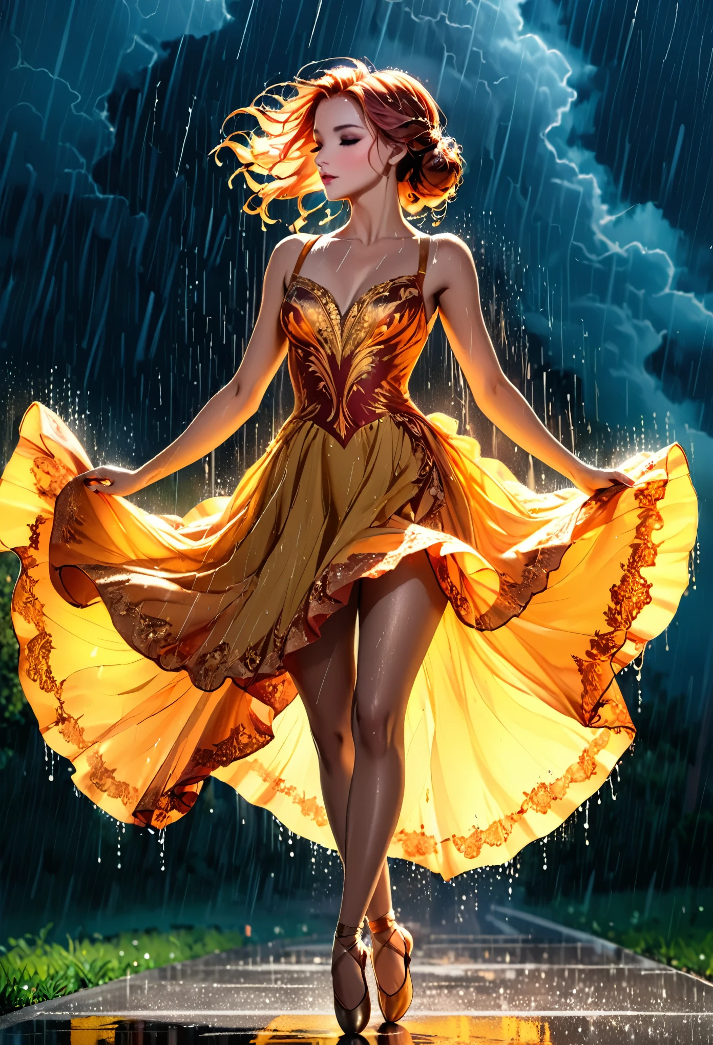 a portrait of female classical ballet prima ballerina dancing in the rain, a full body picture ((anatomically correct: 1.5)) of a exquisite beautiful female dancer wearing silk evening dress, intricate dress dynamic hair color, dynamic hair style, dynamic skin complexion, wearing ballet shoes, wearing thigh highs, ((she is standing in the middle of the rain storm: 1.5)),  she is wet, yet enjoys the dance in the rain, cloudy night, lightning storm, dynamic background, vibrant, Ultra-high resolution, High Contrast, (masterpiece:1.5), highest quality, Best aesthetics), best details, best quality, highres, 16k, (ultra detailed: 1.5), masterpiece, best quality, (extremely detailed) RAW, (ultra details, Masterpiece, best quality), Cinematic Hollywood Film, artxldnc, phoenix dress, 