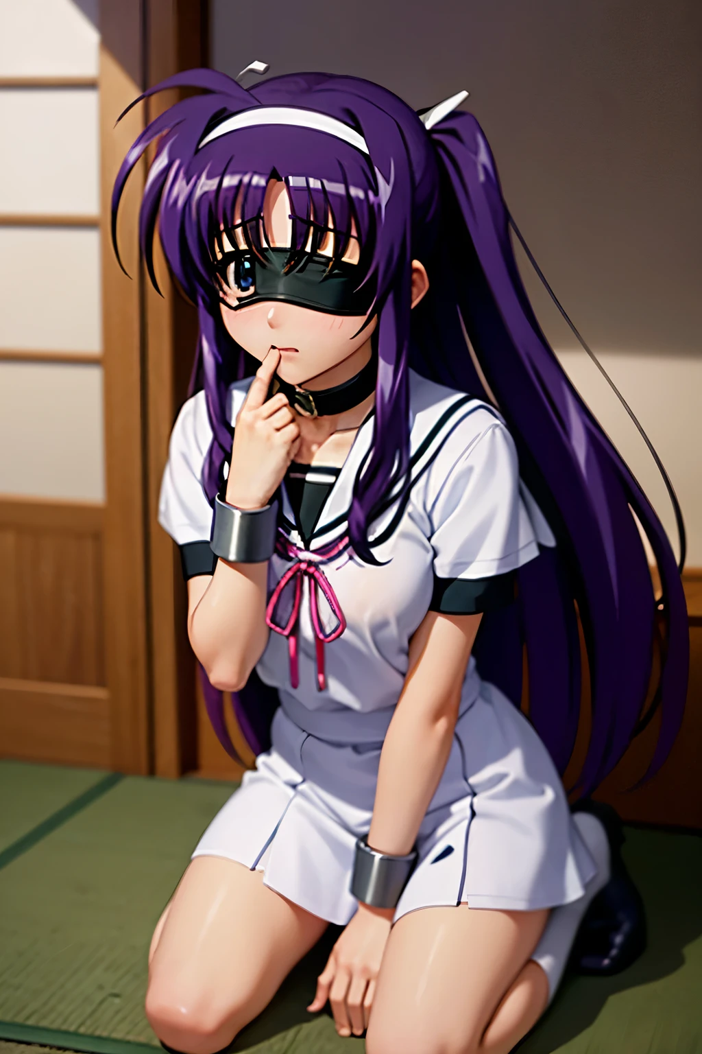 Suzuka Tsukimura、suzuka、"Magical Girl Lyrical Nanoha"、Purple Hair、long hair、hair band、Big Breasts、high school girl、Night Clan、uniform、Wet and transparent、Feeling embarrassed、blush、Watery eye、Hands clasped behind back、Nipple erection（（（ＳＦＷ、sound、Highest quality、first-clasasterpiece、Normal body、8k、Detailed face、Ultra-precision、Normal hand、Normal finger、５Finger、Highest）））、Kidnapped、kneel、Tied up、Bondage、Chained、fear、ruins、handcuffs、Shackles、Blindfold、gag