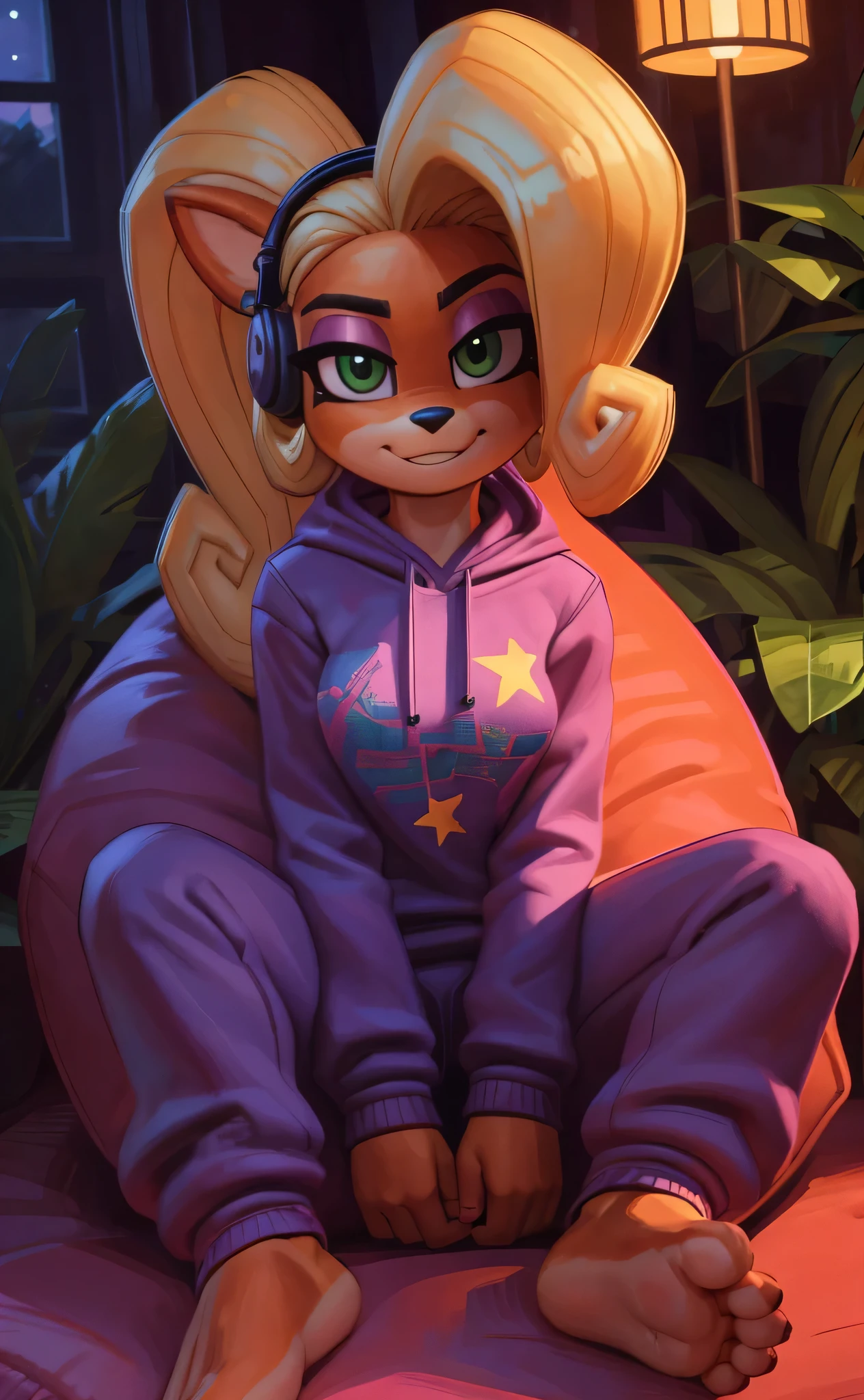 [Coco bandicoot], [Uploaded to e621.net; (Pixelsketcher), (wamudraws)], ((masterpiece)), ((HD)), ((high res)), ((solo portrait)), ((full body)), ((front view)), ((feet visible)), ((detailed fur)), ((detailed shading)), ((beautiful render art)), ((intricate details)), {(slim figure), (orange fur), (black nose), (cute green eyes), (short eyelashes), (pink eyeshadow), (long blonde curly hair), (curvy hips), (beautiful legs), (beautiful feet), (smug smirk)}, {(purple sweatshirt hoodie), (yellow star printed on shirt), (purple jogging sweatpants), (pink headphones)}, {(sitting on beanbag), (looking at viewer)}, [ambient lighting, living room, tropical forest, nighttime]