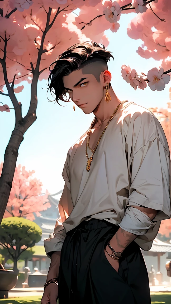 ruined, 1 man, himself, epic composition, strong man, (masterpiece, best quality: 1.2), male focus, 1 man, toned body, hands in pockets, (masterpiece: 1.3), (best quality : 1.2). ),8K, Absurdity, Unity 8k Wallpaper, (Extremely Detailed: 1.3), Highest Resolution, Amazing, Illustration, Gorgeous Soft Studio Light, Stunningly Beautiful, Incredibly Absurd, Vivid Details, Cinematic Lighting, Mood Lighting, Award Winning, Professional, High Quality Detailed , informative, looking at a viewer, smiling, (short hair hairstyle: undercut, 1 man, standing, dark brown hair, hair between the eyes), yellow eyes, on the left cheek under the eye he has an X-shaped hub, male focus, looks at the viewer, He wears a shirt unbuttoned halfway so that you can see a well-trained man's chest and black sweatpants, his appearance is elegant but sloppy.he wears a long link chain around his neck and gold earrings, several piercings in his left ear, hand in his pocket, background: Taiwanese temple, He sits in the grass in front of a Taiwanese temple and enjoys the beautiful weather, blue sky, sunny day, trees, light wind, cherry blossoms, autumn leaves, garden