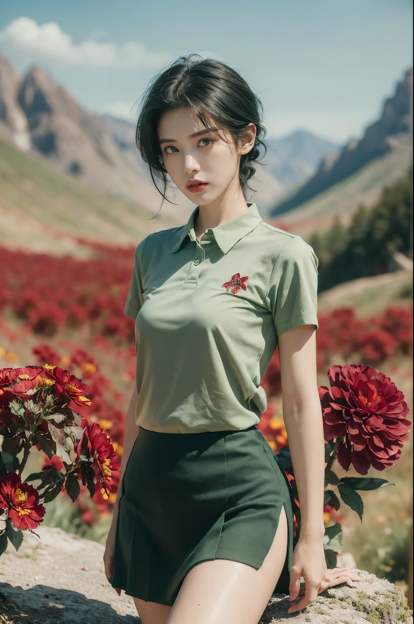 (((best quality))),(((ultra detailed))),(((masterpiece))),illustration,((1 beautiful girl,tomboy,solo)),(short black hair:1.3),((slim,thin)),((small breasts,thin)), vigorous, confident, (light green collared short-sleeved shirt:1.3), (dark green skirt:1.2),(slender legs:1.2),(standing:1.3),simplicity, robustness, strong features, (Abandoned Gobi Scene:1.3),(Rock surface:1.2),glowing eyes, rebellious, sensible, (mountainous landscape:1.3), (beside a vibrant red flower:1.3),elegance, unyielding spirit, youthful beauty, strength, resilience, adversity, challenges,((from front,upper body))