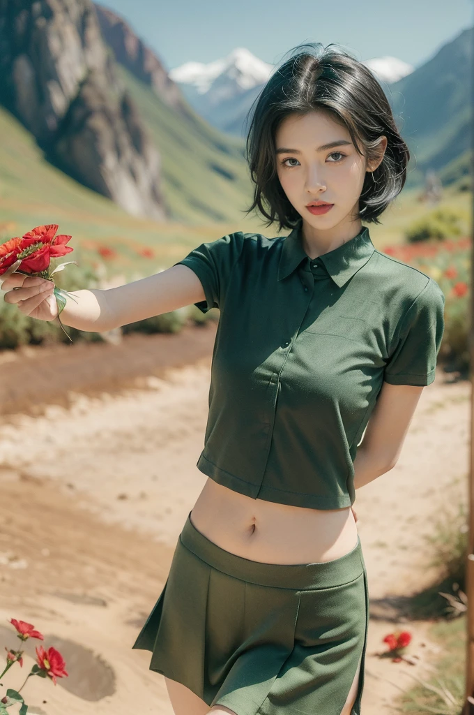 (((best quality))),(((ultra detailed))),(((masterpiece))),illustration,((1 beautiful girl,tomboy,solo)),(short black hair:1.3),((slim,thin)),((small breasts,thin)), vigorous, confident, (light green collared short-sleeved shirt:1.3), (dark green skirt:1.2),(slender legs:1.2),(standing:1.3),simplicity, robustness, strong features, (Abandoned Gobi Scene:1.3),(Rock surface:1.2),glowing eyes, rebellious, sensible, (mountainous landscape:1.3), (beside a vibrant red flower:1.3),elegance, unyielding spirit, youthful beauty, strength, resilience, adversity, challenges,((from front,upper body))
