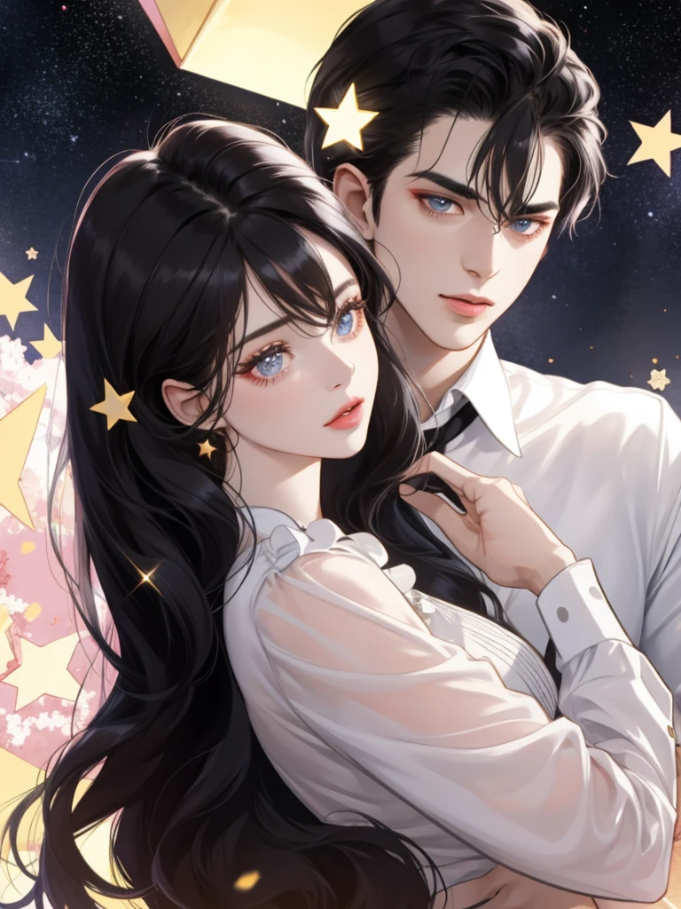 bust，A couple，The man is the president，Women are stars，25 years old，Beautiful and beautiful face，Black Hair，The atmosphere of mutual crush，daytime，Sense of atmosphere，gorgeous，modern