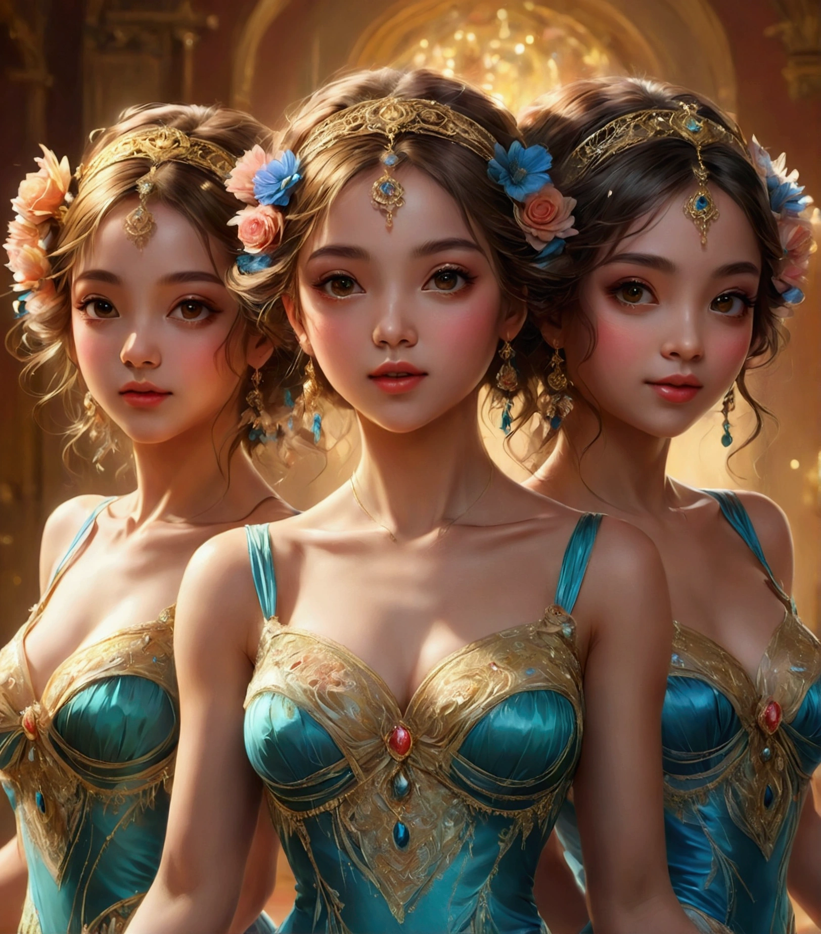 (dancing), 3girls, best quality, (masterpiece:1.2), high quality, Highres, (hyper detailed:1.2), (portrait), photorealistic, proper , various eyes, detailed face and eyes,