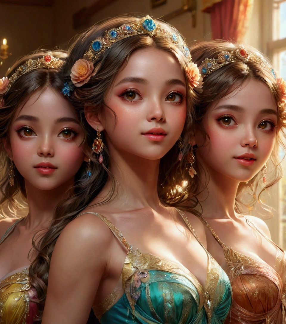 (dancing), 3girls, best quality, (masterpiece:1.2), high quality, Highres, (hyper detailed:1.2), (portrait), photorealistic, proper , various eyes, detailed face and eyes,