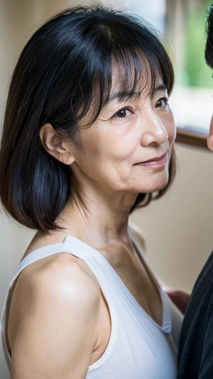 High resolution, photo quality, 4K, Japanese mother, engaged in sex with young man, she is 63 years old, black hair, long hair down to her waist, wrinkles at the corners of her eyes, nasolabial folds, sagging stomach,