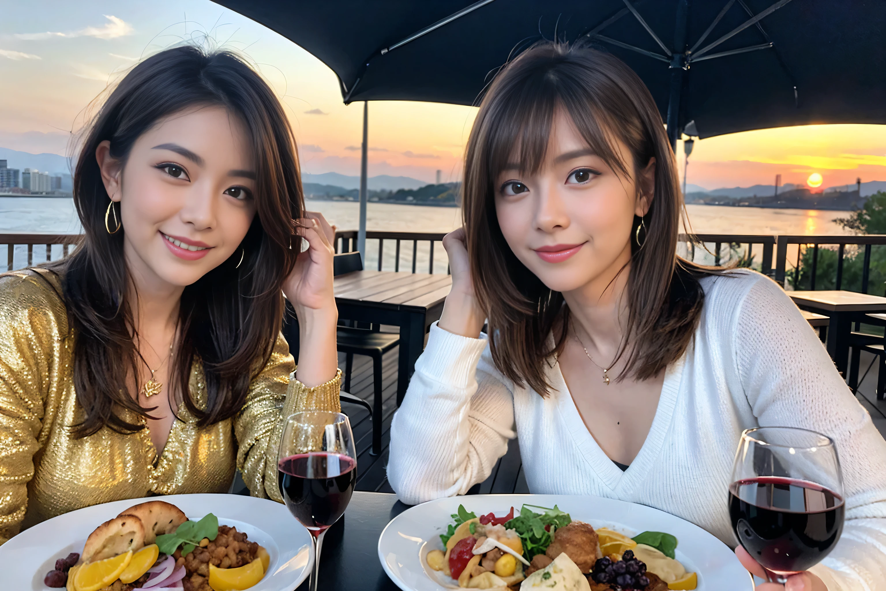 (Realistic:1.1),(masterpiece,Highest quality),8k,(49 years old), 50 years old, ベリーslimボディ、slimカップル、Tight waist,Upper Body,full-course dinner、wine 、Amazing view of the sunset sky and clouds、Perfect Anatomy, Brown Hair, short hair,Random Hairstyles,((Highly detailed face and eyes:1.2)),Perfect golden ratio face,Long sleeve shirt、dress,(smile:1.2)、Shortcuts、cute、(Realistic, Intricate details:1.2), A bright smile、short hair,Bright Face、赤wine 、Appetizers、Italian food、wine bottle、Champagne、スパークリングwine、(slimな顔), (The body is slim), (Brown Hair), (Shortcuts), Upper Body, 白wine, slim, wineグラス,