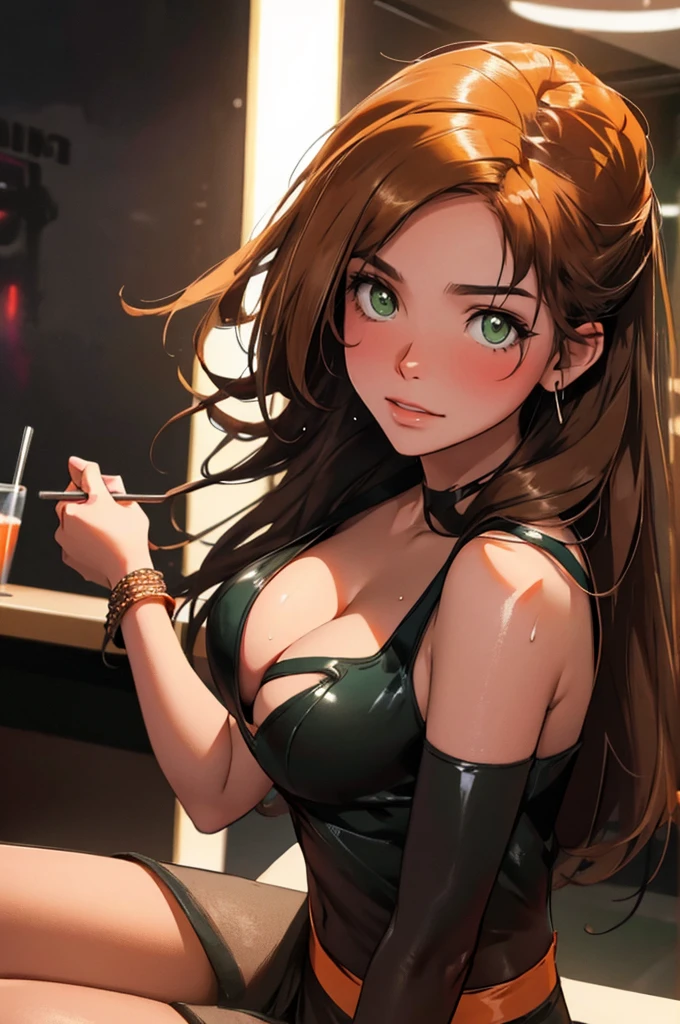 girl at a nightclub sitting at bar, eyeliner (masterpiece) (best quality) (detailed) (8k) (HDR) (wallpaper) (cinematic lighting) (sharp focus) (intricate) very light brown  hair, orange highlights in hair,  biting lip,  slutty outfit, sexy, blush, aroused, cleavage, shiny , wet skin, girl, dark makeup, acting flirty, (((dancing in club))), long abdomen, hmshir, long hair, green eye
