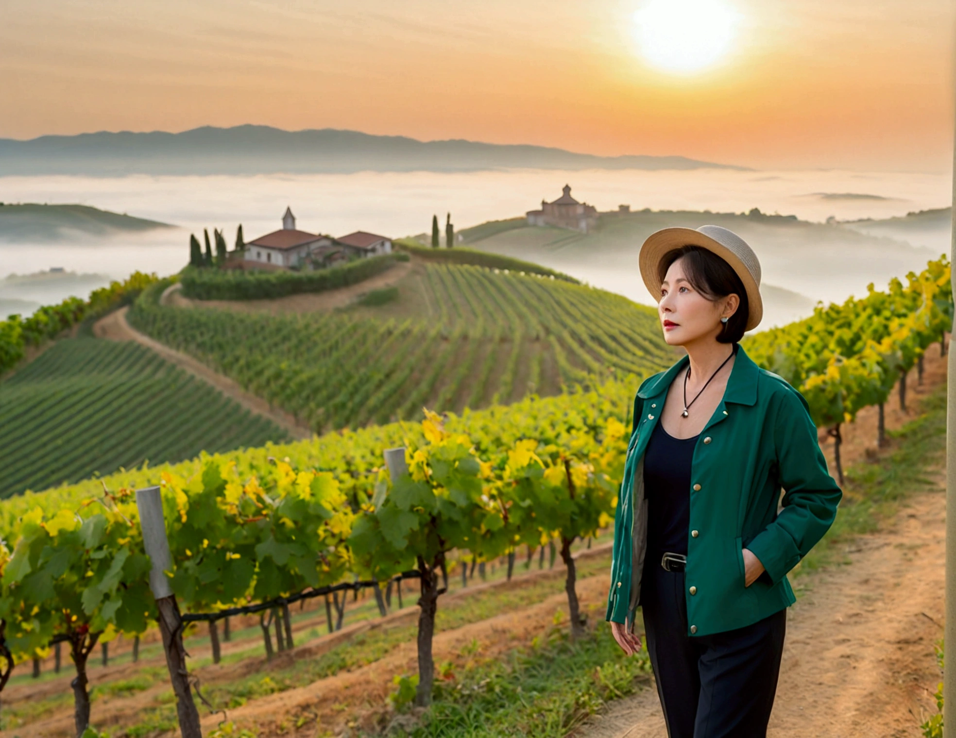 Italy foggy countryside dawn, Endless vineyards, A cathedral can be seen far away in the fog.. Korean woman in her 40s, travel jacket, casual pants, Korean woman with beautiful short medium bob hair, Standing on a path on top of a vineyard hill, Beautiful Korean woman with bright and clear skin, The neckline is clean and beautiful.. Korean woman with a graceful and humble expression,Wear a slightly large, high-quality hat with a round rim., standing in the vineyard , small black string necklace, 1 woman