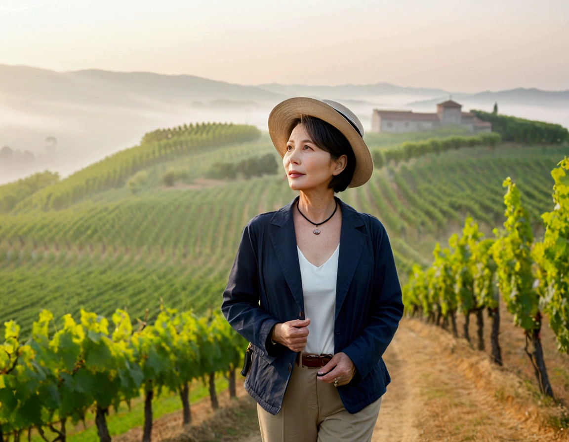 Italy foggy countryside dawn, Endless vineyards, A cathedral can be seen far away in the fog.. Korean woman in her 40s, travel jacket, casual pants, Korean woman with beautiful short medium bob hair, Standing on a path on top of a vineyard hill, Beautiful Korean woman with bright and clear skin, The neckline is clean and beautiful.. Korean woman with a graceful and humble expression,Wear a slightly large, high-quality hat with a round rim., standing in the vineyard , small black string necklace, 1 woman