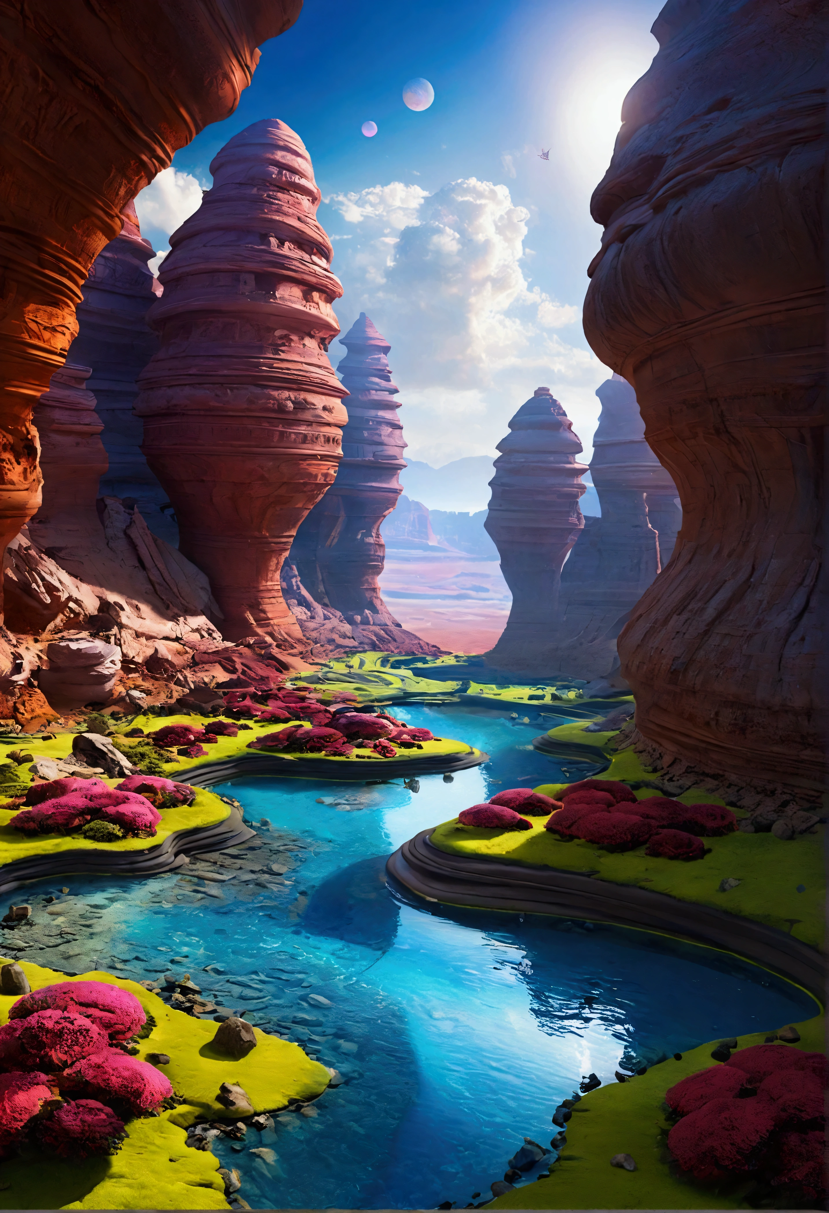 Please draw an alien planet-like landscape to be used as the background for my avatar. The landscape should be otherworldly and imaginative, with unique geological features, unusual plants, and perhaps some distant, exotic structures or landmarks. The colors can be vibrant and surreal, creating a visually stunning and intriguing environment. This backdrop should evoke a sense of wonder and exploration, as if stepping into a completely different world.