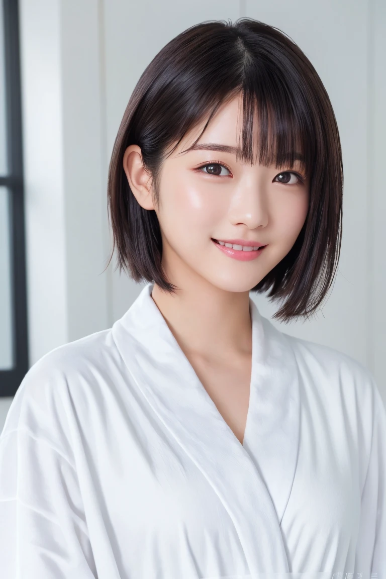 masterpiece, Highest quality, One Woman, (White bathrobe:1.2), 22 years old、(RAW Photos, Highest quality), (reality, Realistic:1.4), Clean look、Iris、very detailed eyes and face, Beautiful and detailed nose, beautiful eyes, Perfect Anatomy, Black short hair、Wet Hair、Crystal skin, A cool smile、Face Focus、indoor、