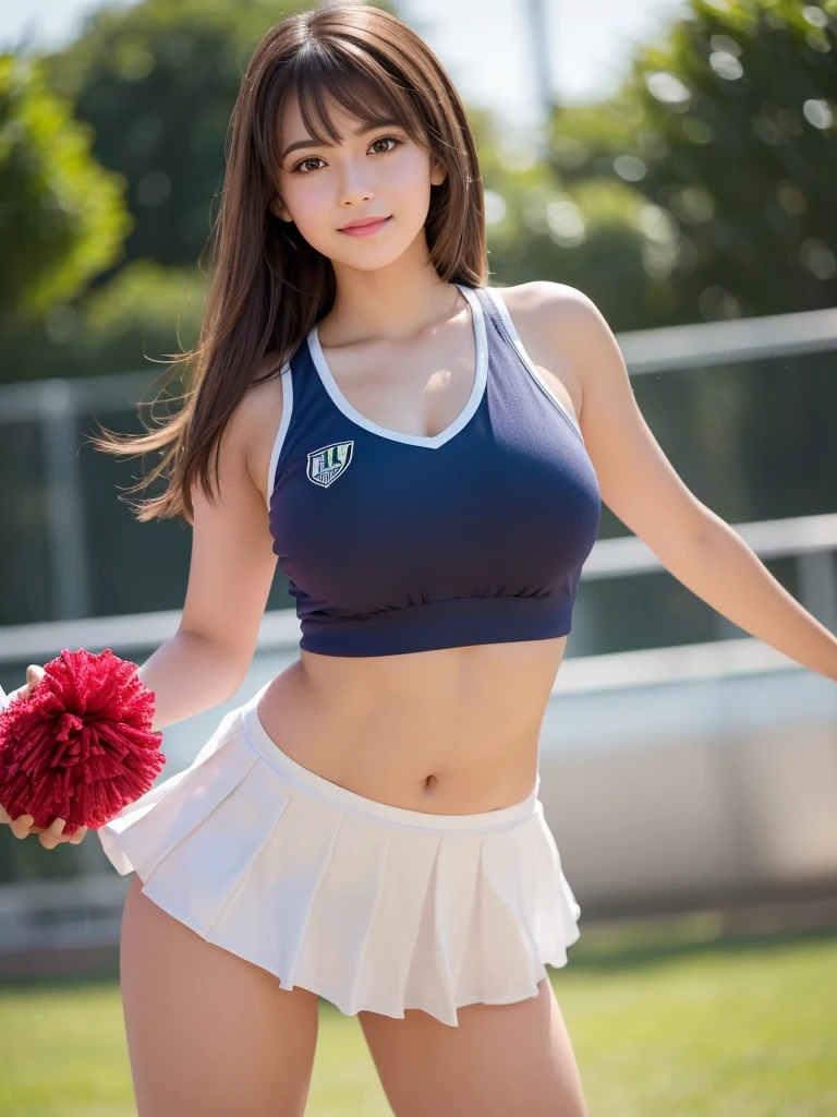 masterpiece, Highest quality, Very detailed, High resolution, (Realistic, photoRealistic:1.37), Excellent anatomy, One beautiful woman, 18-year-old, Height: 152cm, Cheerleader, (Holding a pom-pom in both hands:1.3), A small smile, cheer leading, Cheerleader uniform, (shape), Tank top, Micro Pleated Mini Skirt, ((Very delicate and beautiful)), (Bokeh, Blurred outdoor background), Brown Hair, Long Hair, bangs, Very beautiful face, Cute type, Big Natural Color Lip, Small and cute nose, Big and pretty eyes, Brown eyes, Obvious double, Shiny highlight spots around the eyes, Character Focus, Tilt your head, The best light, Best Shadow, mysterious, Perfect Face, Very detailed, Soft Skin, (Glowing Skin, Sweaty: 1.2), Beautiful feet, Voluptuous thighs, Plump body, Huge breasts, (Expresses the roundness and softness of the chest area.........1), Beautiful body, (The perfect woman), Spread your legs, (Provocative dynamic pose), Skirt flip,