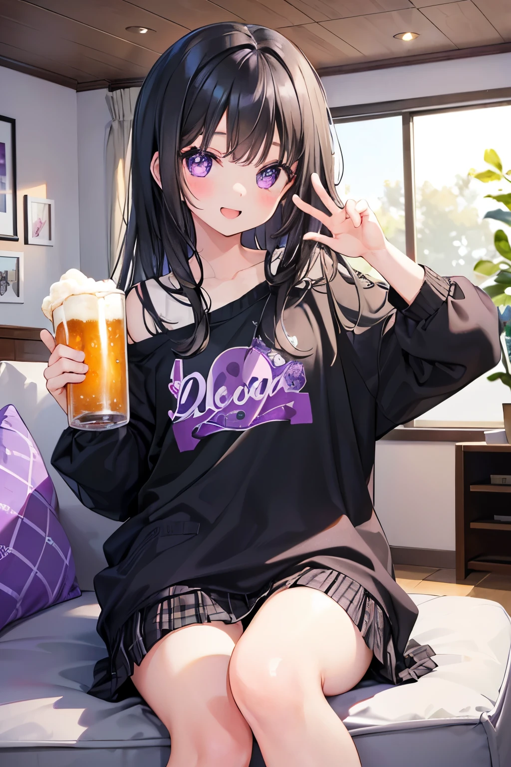 cute,girl,(black hair:1.2),(wave hair:1.1),(purple eyes:1.1),(Cheers with beer🍺),(living room:1.3),open your mouth,smile,(コルセット:1.1),