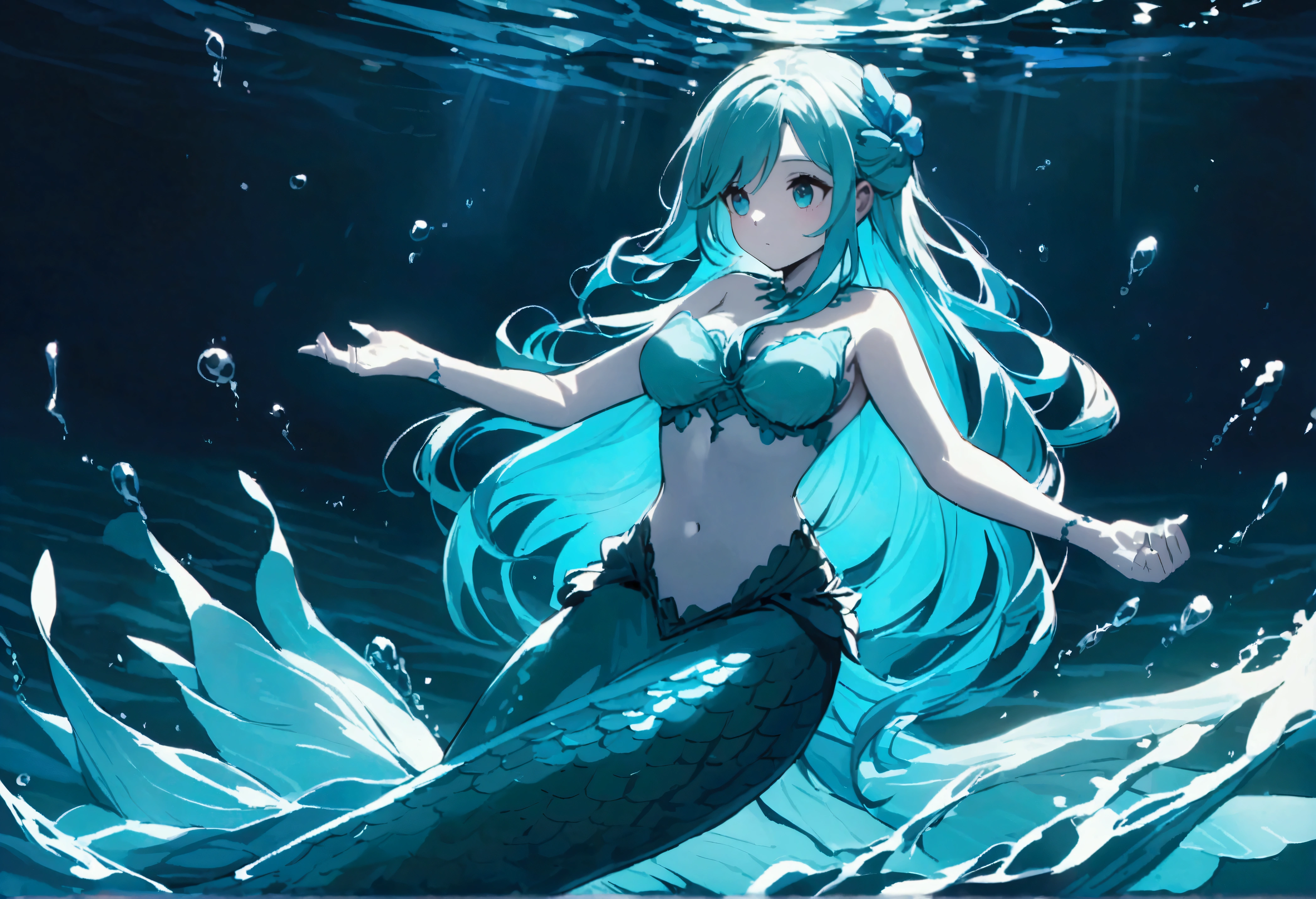 A cute woman mermaid (turquoise hair, pale skin, blue scales, breast covers) is dancing with a blue shark deep in the ocean, glowing creatures watch nearby lighting the scene