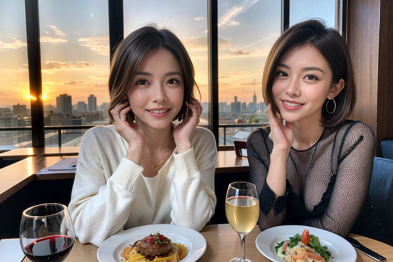(Realistic:1.1),(masterpiece,Highest quality),8k,(49 years old), 50 years old, ベリーslimボディ、slimカップル、Tight waist,Upper Body,full-course dinner、wine 、Amazing view of the sunset sky and clouds、Perfect Anatomy, Brown Hair, short hair,Random Hairstyles,((Highly detailed face and eyes:1.2)),Perfect golden ratio face,Long sleeve shirt、dress,(smile:1.2)、Shortcuts、cute、(Realistic, Intricate details:1.2), A bright smile、short hair,Bright Face、赤wine 、Appetizers、Italian food、wine bottle、Champagne、スパークリングwine、(slimな顔), (The body is slim), (Brown Hair), (Shortcuts), Upper Body, 白wine, slim, wineグラス,