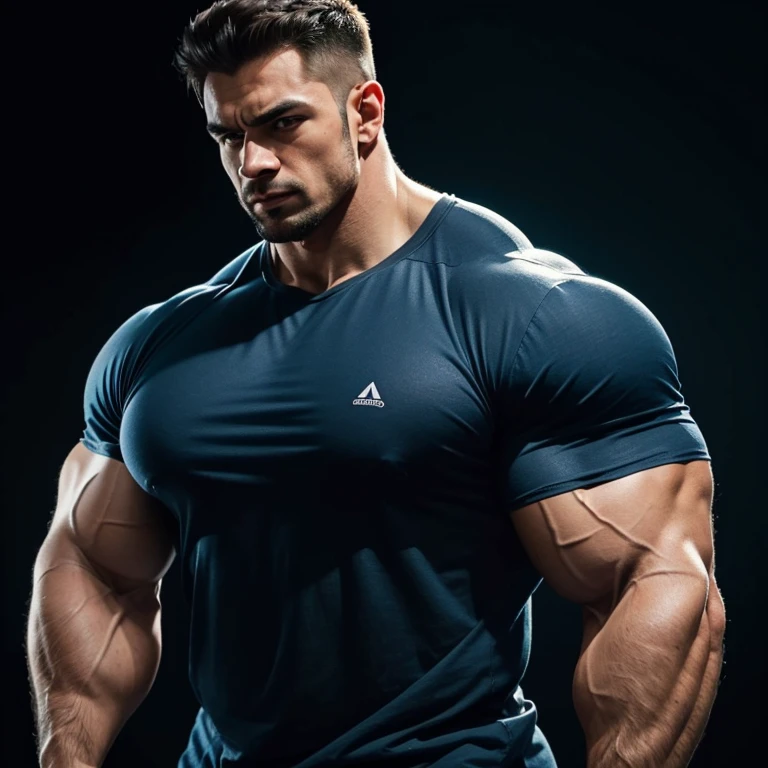a muscular, massively muscular bodybuilder man with massively large muscles, with a large, muscular and defined body, on a black background, wearing a simple blue t-shirt