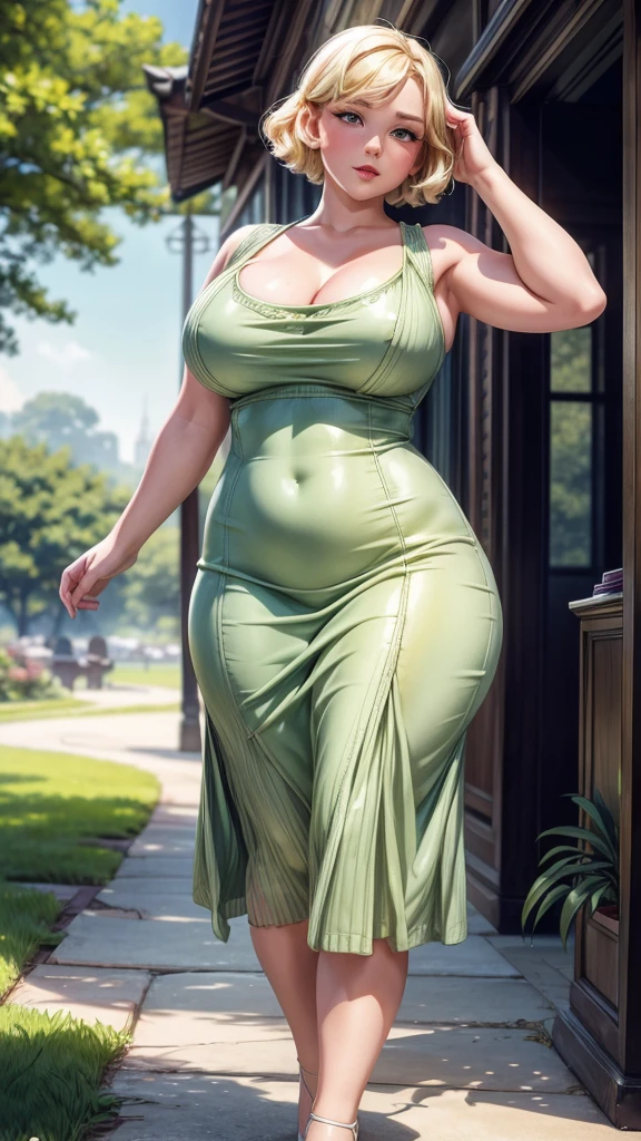 Beautiful Chubby young woman, medium short haircut, blonde hair, pale skin, intricate, green summer dress, big breasts, curvy body, 8k uhd wallpaper , ((masterpiece)) , (high detail), digitalart, vintage color photo, 1930s, old photo, 1930s fashion 