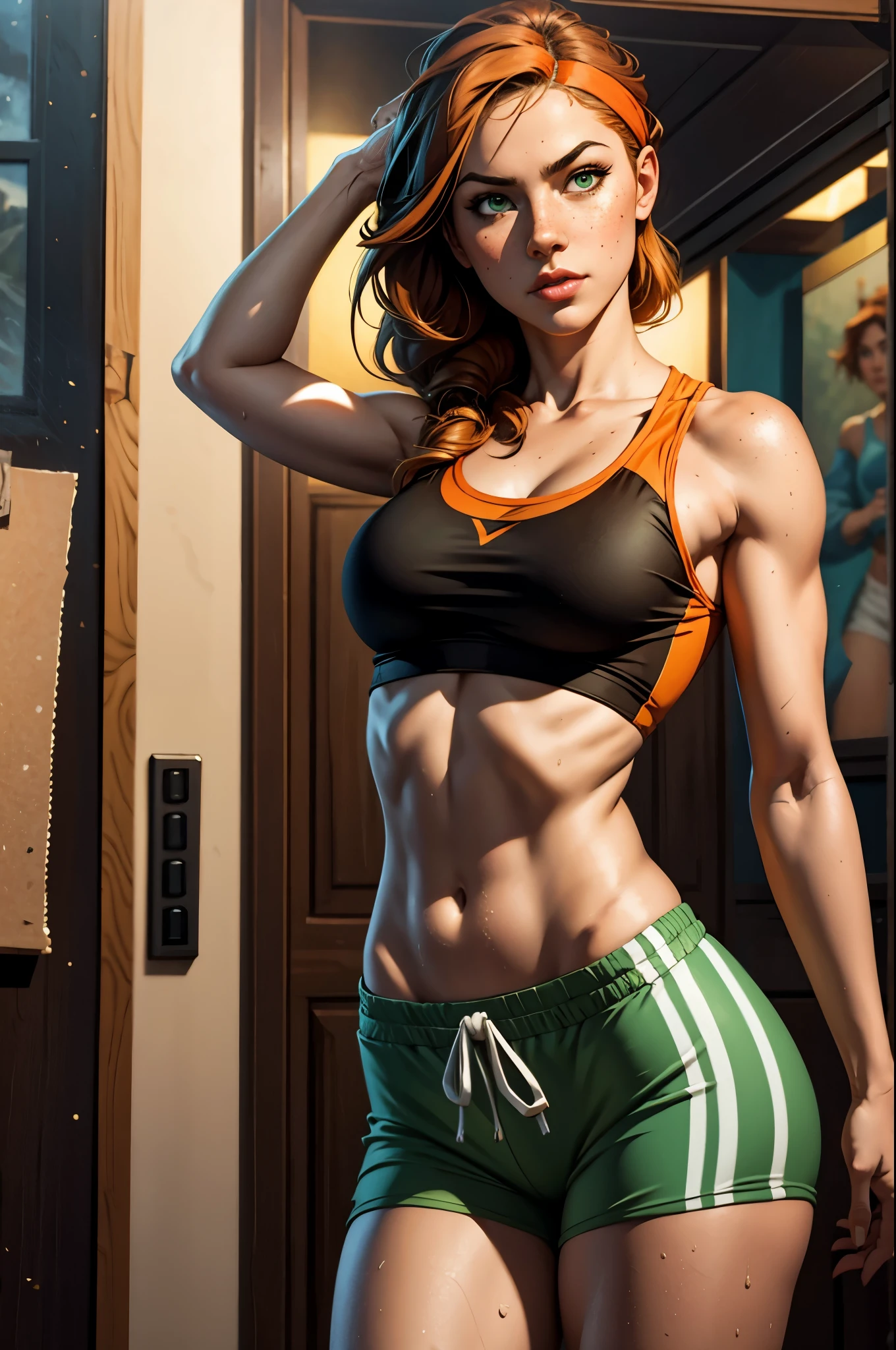 (young girl, isabelmoner-smf, dora), solo dancing shuffle. (Hyper-realistic), Very short orange hair, Green eyes, freckles, white tanktop, Mini Shorts, Sport, sweaty, Average Breasts, earphones, aesthetics, Cinematic, Ambient light, Sampler: DPM++ 2S a Karras,SVG anti-aliasing, (oil painting:0.75), (headband:0.75),(teal:0.2),(Orange:0.2), (by Jeremy Mann:0.5), (by John Constable:0.1),(by El Greco:0.5),(acrylic paint:0.75), 8K