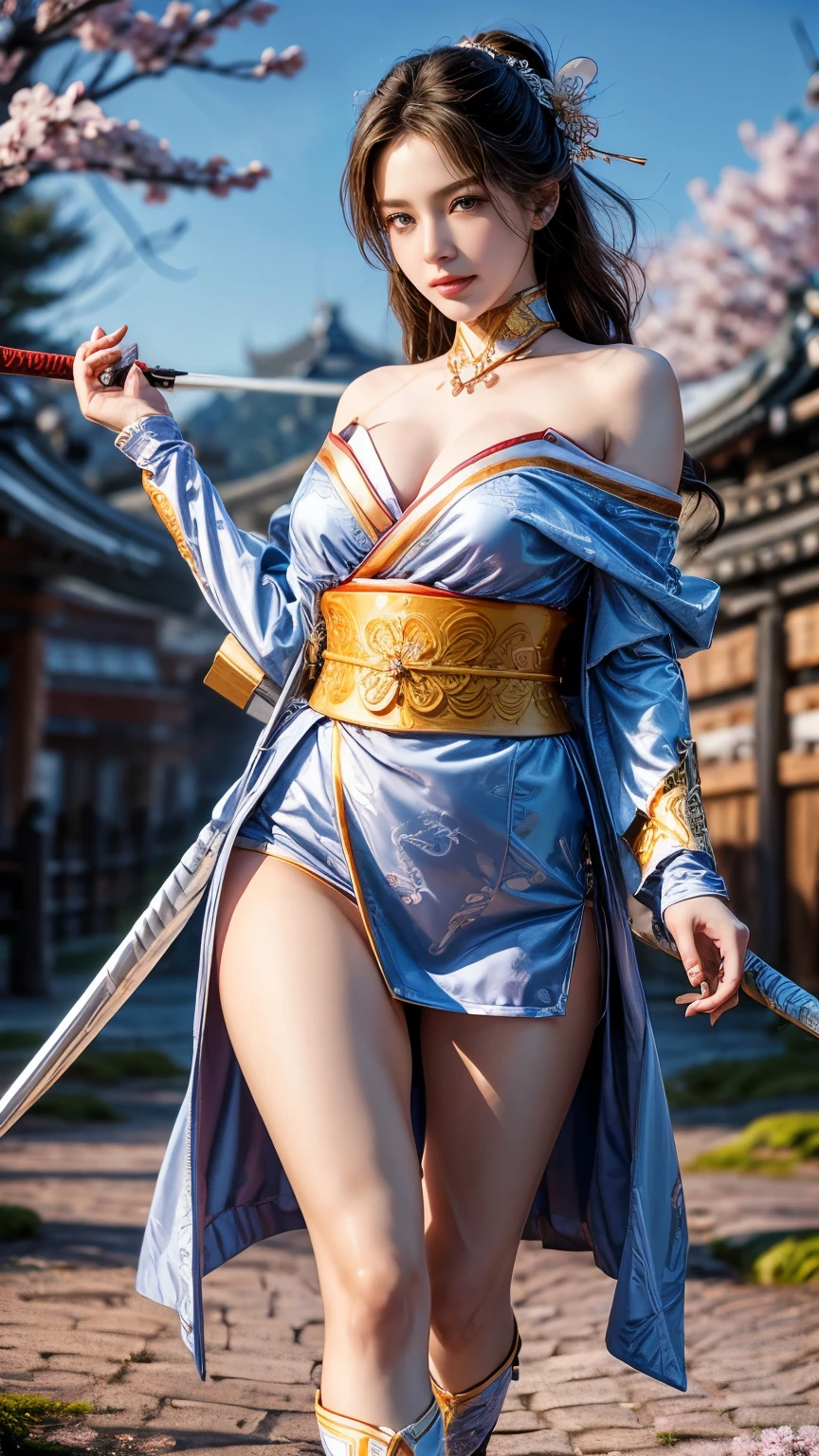 (RAW shooting, Photorealistic:1.5, 8k, Highest quality, masterpiece, Ultra-high resolution), sengoku, Perfect dynamic composition:1.2, Realistic:1.3, Highly detailed skin and facial textures:1.3, A slender female samurai holding a Japanese sword pointing upwards:1.1, beautifully、aesthetic:1.2, Cute and sexy beauty, Perfect Style, Wear an exquisite ring, war, water, Wind, thunder, ice, Fair skin, Very beautiful face, (Mid-chest, Chest gap), (Embarrassed smile, Her facial expression when she felt intense caressing, Facial expressions when feeling happy), (Wearing a sexy sengoku uniform:1.1, Off the shoulder), (Beautiful Blue Eyes, Beautiful erotic eyes:0.8), (Too erotic:0.9, Fascinating:0.9), Full Body Shot, Japanese castle in the background