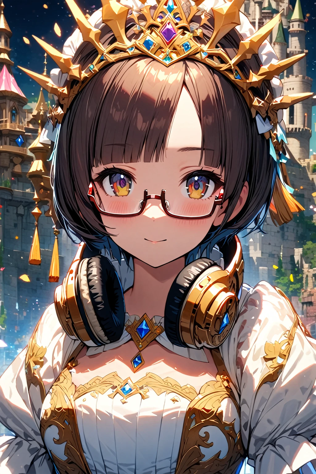 (extremely detailed fine touch:1.3), (((semi-rimless eyewear:1.3))), (wear headphones around neck:1.0),  short hair, blunt bangs, 1girl, 2.5d face, princess, tiara, extremely detailed princess dress, extremely detailed castle,
