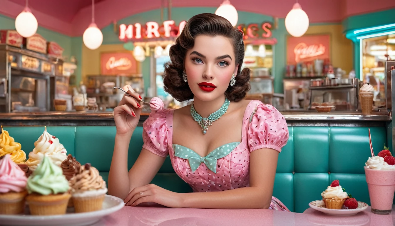 Create imaginative and amazing images demonstrating the style of ((Miscellaneous Academia)), A beautiful girl in a retro 1950s style dress, sitting in a vibrant 1950s ice cream parlor, surrounded by classic desserts such as sundaes, milkshakes, and pastries, (best quality,4k,8k,highres,masterpiece:1.2),ultra-detailed,(realistic,photorealistic,photo-realistic:1.37),highly detailed face and eyes,beautiful detailed lips,extremely detailed skin,detailed 1950s style dress,intricate ice cream parlor interior with classic decor,colorful and vibrant 1950s palette,soft studio lighting,detailed reflections,detailed textures,photorealistic,cinematic composition