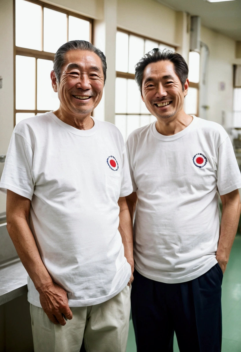 Two Japanese men, both 70 years old, wearing white T-shirts, smiling, inside a welfare facility.