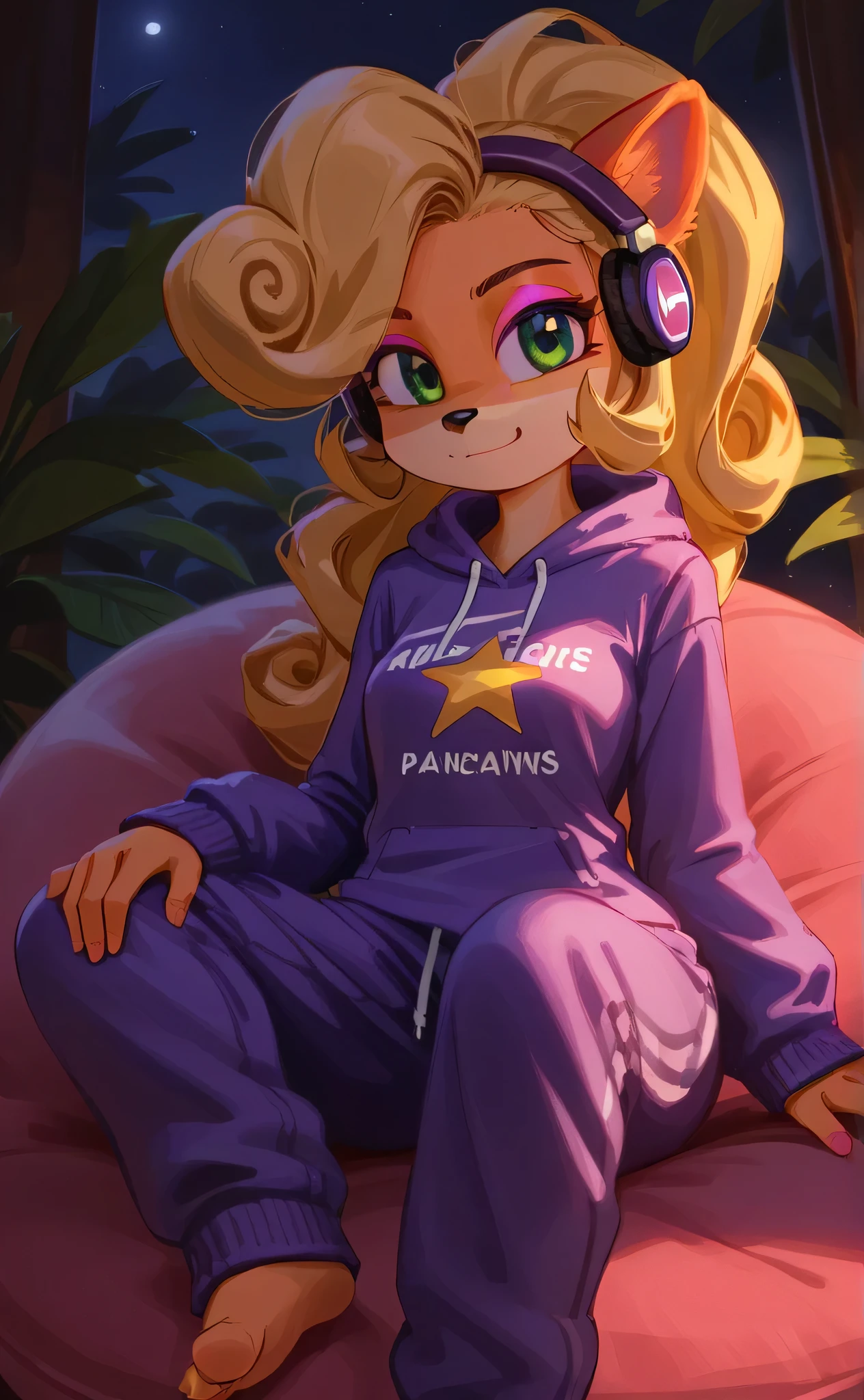 [Coco bandicoot], [Uploaded to e621.net; (Pixelsketcher), (wamudraws)], ((masterpiece)), ((HD)), ((high res)), ((solo portrait)), ((full body)), ((front view)), ((feet visible)), ((detailed fur)), ((detailed shading)), ((beautiful render art)), ((intricate details)), {(slim figure), (orange fur), (black nose), (cute green eyes), (short eyelashes), (pink eyeshadow), (long blonde curly hair), (curvy hips), (beautiful legs), (beautiful feet), (smug smirk)}, {(purple sweatshirt hoodie), (yellow star printed on shirt), (purple jogging sweatpants), (pink headphones)}, {(sitting on beanbag), (looking at viewer)}, [ambient lighting, living room, tropical forest, nighttime]