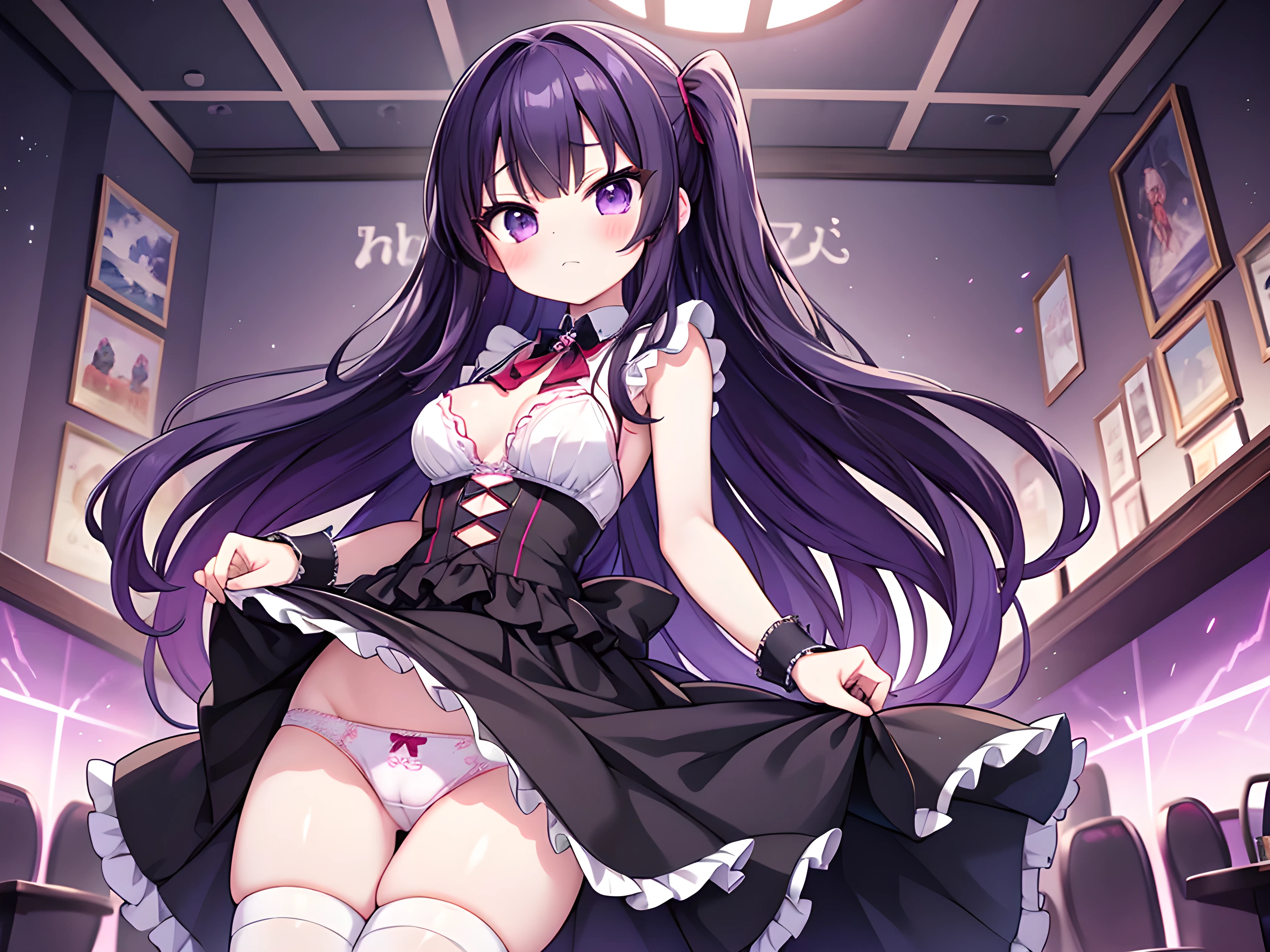 score_9, score_8_up, score_7_up, BREAK source_anime, best quality, masterpiece, uncensored, 1girl,solo, tasogaremimi,black hair,purple hair,purple eyes,long hair,wedding dress,skirt lift by myself,showing panties,embroidery red-underwear,zettai ryouiki,humid,naughty face,dynamic pose,dynamic angle,