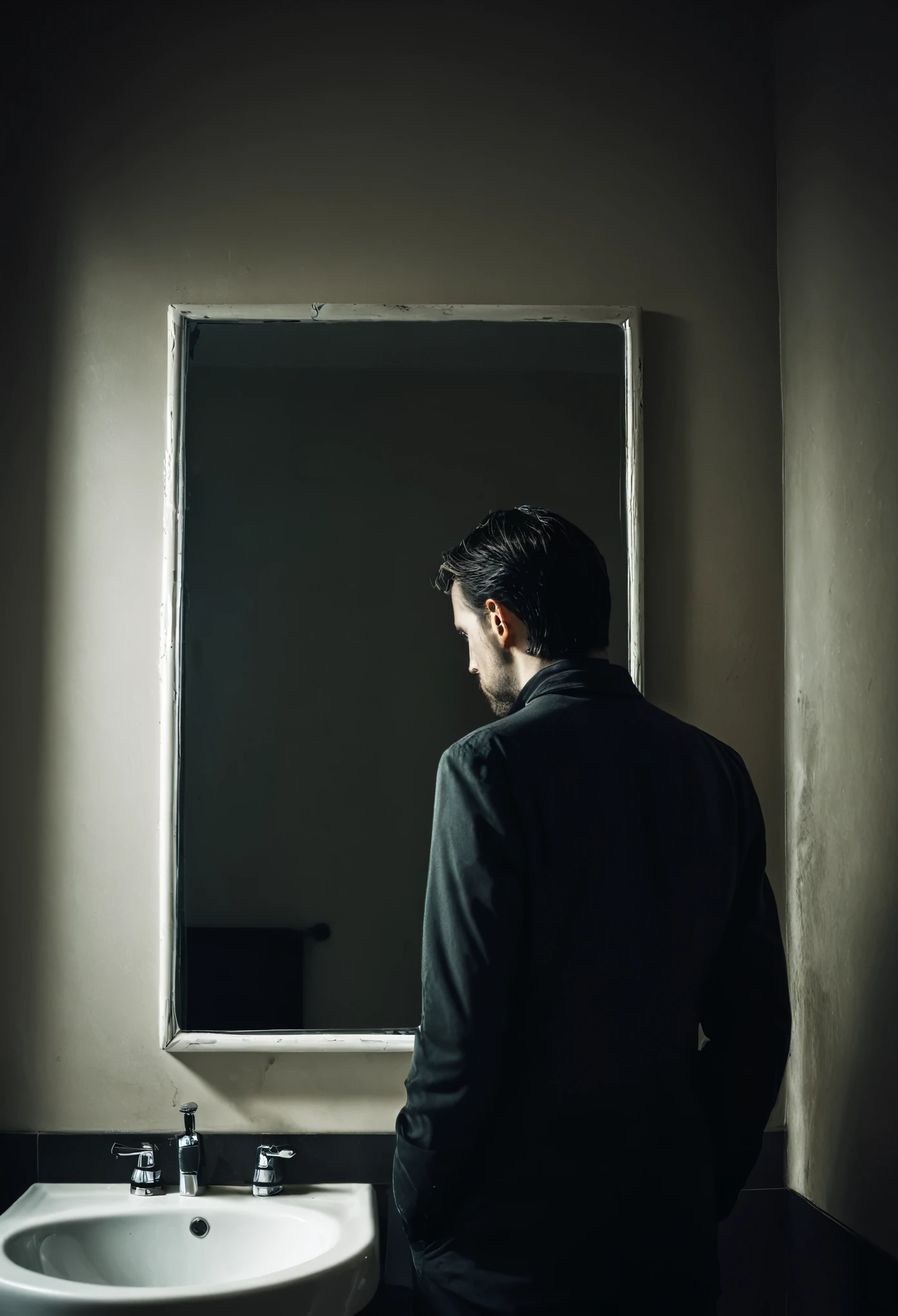 Man staring at the bathroom mirror, curious, creepy, dark, half-body, gloomy