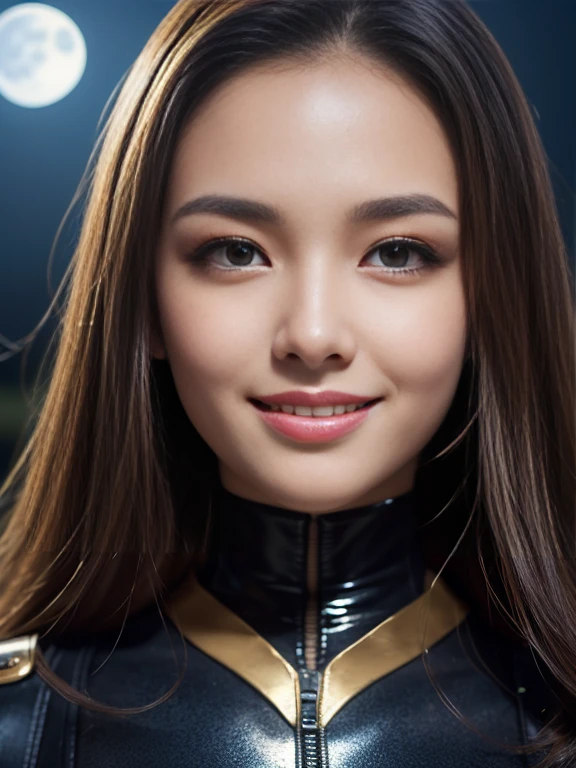 Latex bodysuit、Knee-high boots、Huge 、Long brown hair、Shiny, Oily skin、Glowing Skin、Indoor competition pool、White skin、 Body Portrait, 8k, Narrow and beautiful eyes, Dindal effect, masterpiece, 最high quality, high quality, High resolution, Very detailed photos, (Natural skin texture, Fine skin, Hyperrealism, Ultra Sharpness) , Skin with attention to detail, (Very fine, Fine skin texture, Intricate details, Beautiful Face, (A vivid face), Realistic eyes, Beautiful and detailed, Realistic Skin, Beautiful Skin, surreal, Very detailed, Golden Ratio, Smiling Eyes, ((Night moonlight background)), Body Portrait, glamorous, Shiny Bodysuit